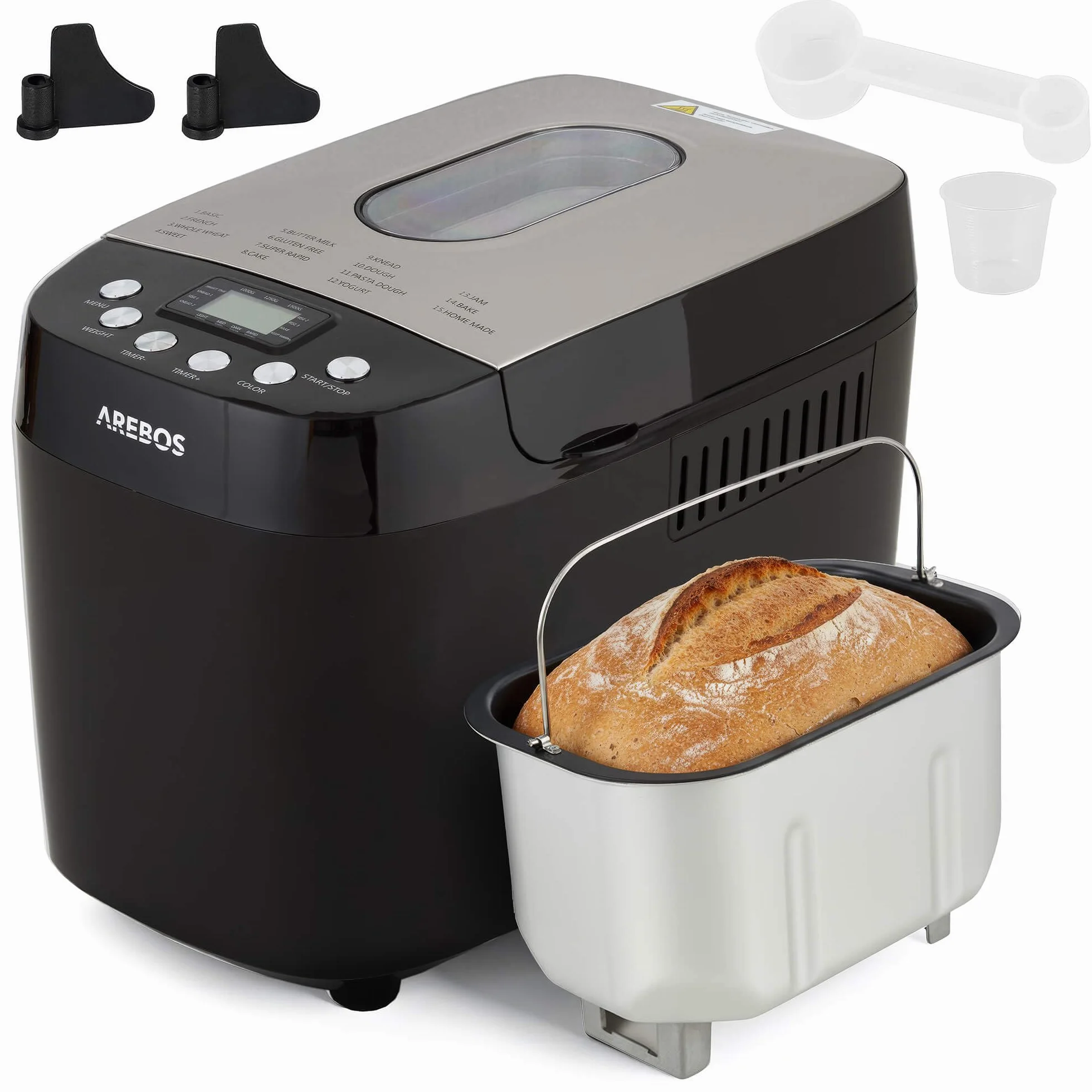 Arebos Machine à pain 1500 g 850 W Noir 15 programmes 2 crochets de pétrissage