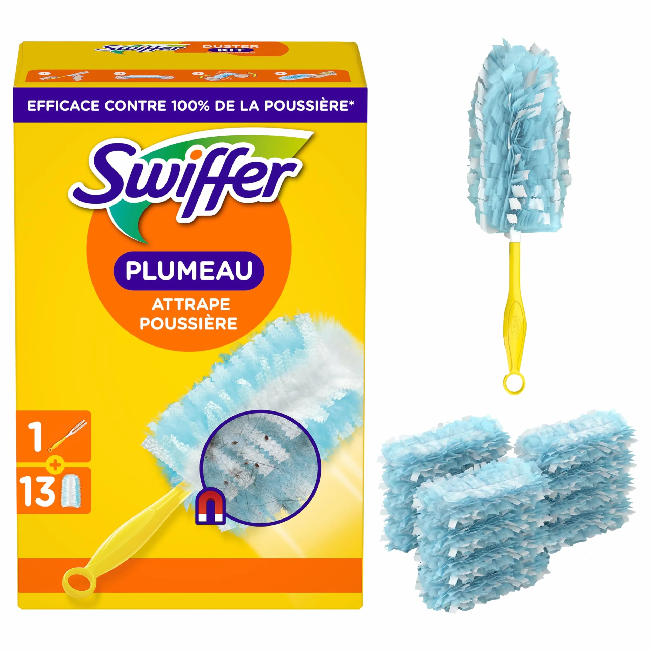 Swiffer Duster Plumeau Kit de Démarrage 1 Manche 13 Recharges Capture Poussière Poils Allergènes