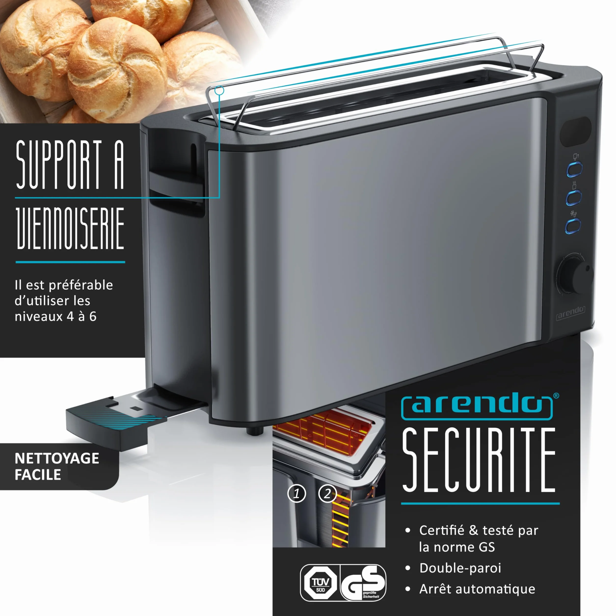 Arendo Ensemble Bouilloire Grille-Pain Cuiseur à Œufs Inox 1,5L 40°-100°C Toaster 4 Tranches LED 6 Niveaux Cool grey