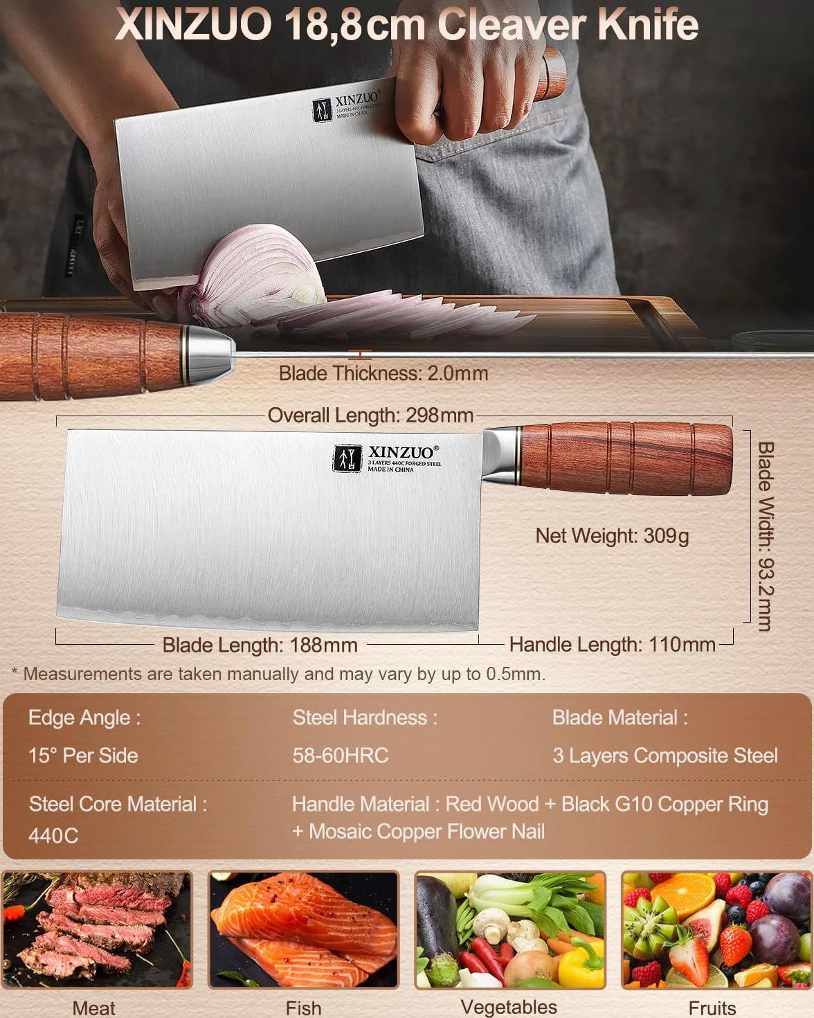 XINZUO Couperet Couteau Chef Chinois 18,8cm Acier Inoxydable Poignée Red Wood