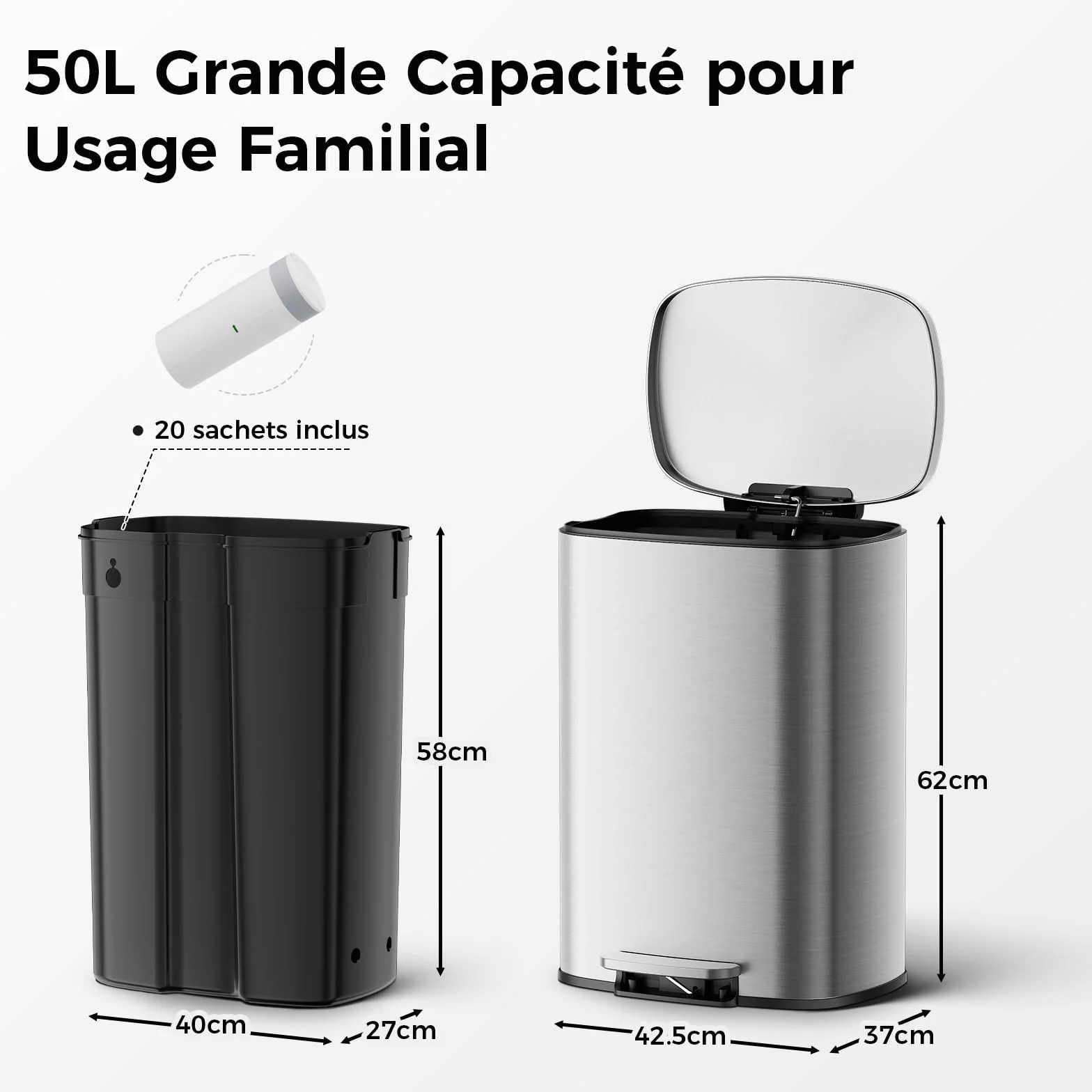 YASHE Poubelle Cuisine 50L Rectangulaire avec Pédale Fermeture Douce