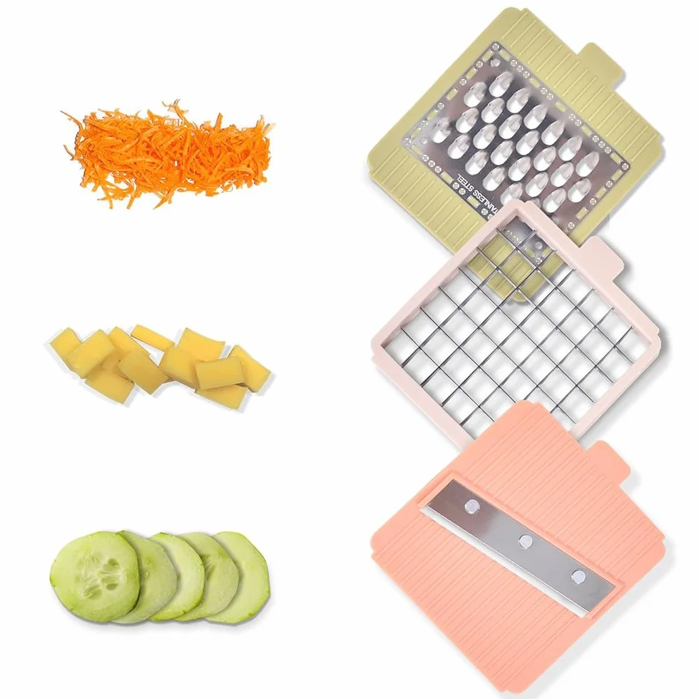 Durandal Coupe légumes et fruits sécurisé 3 lames inox tranche découpe frites rondelles dés râpe fromage bac récupérateur
