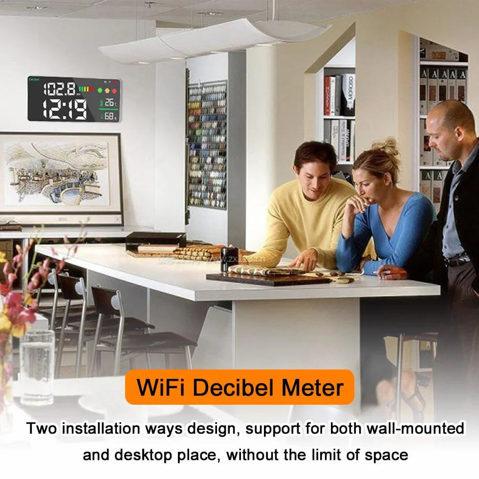Décibelmètre Sonomètre WiFi 4 en 1, Test de bruit Température Humidité, Réveil, Écran LED 11 pouces