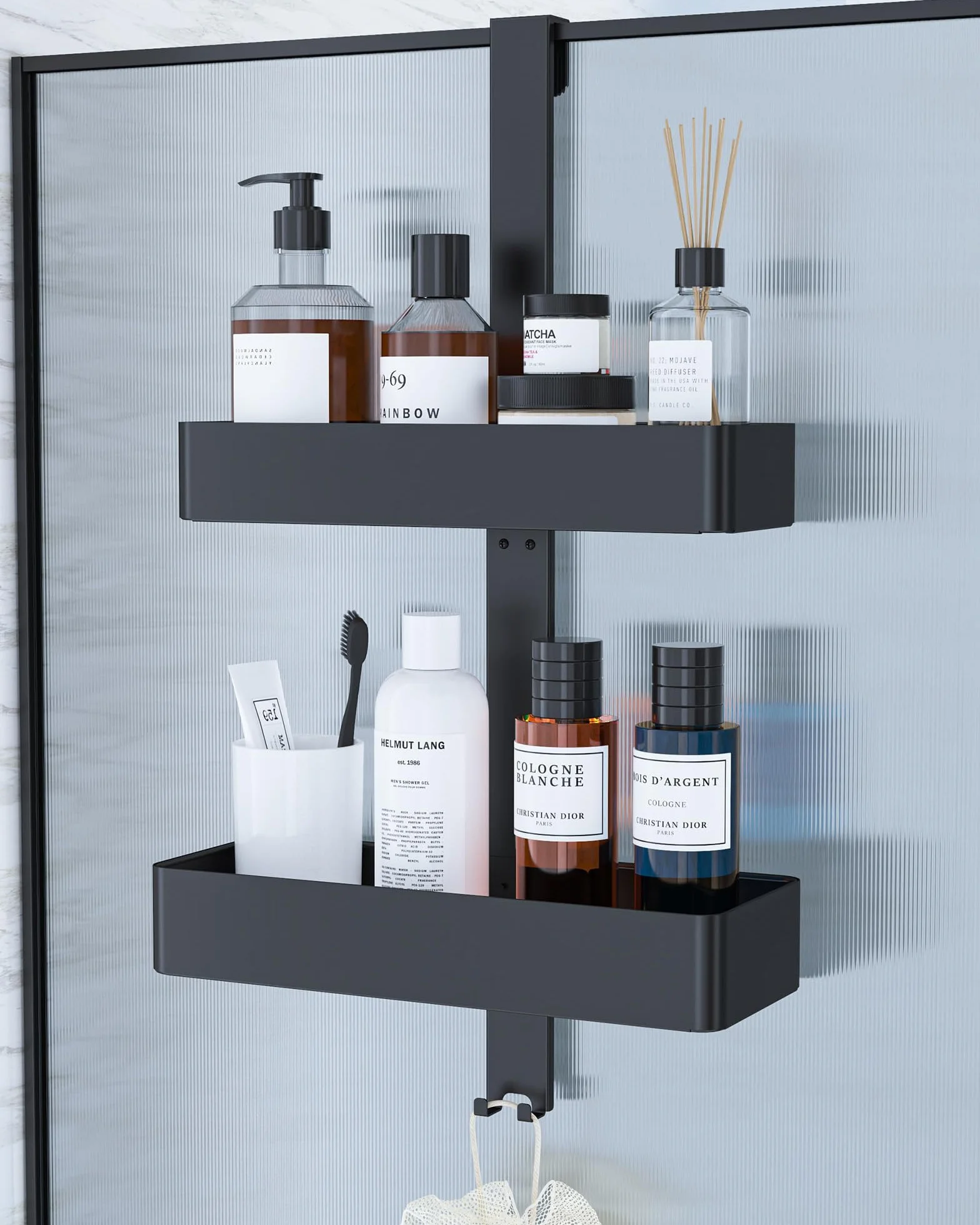 Kitsure Étagère Douche Suspendue 2 Niveaux sans Perçage Antirouille Rangement Salle de Bain Noir 29,1 x 11,2 x 55,3 cm