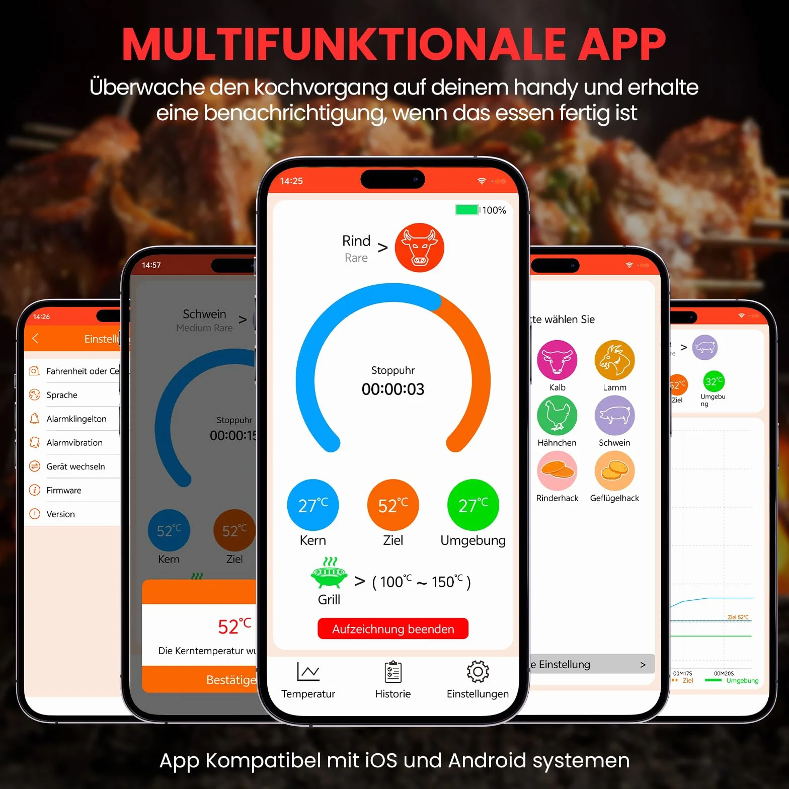 Thermomètre Cuisine Sans Fil Double Capteur avec App 150m Sonde Bluetooth Minuterie Alarme BBQ Grill Fumoir Four Sous Vide