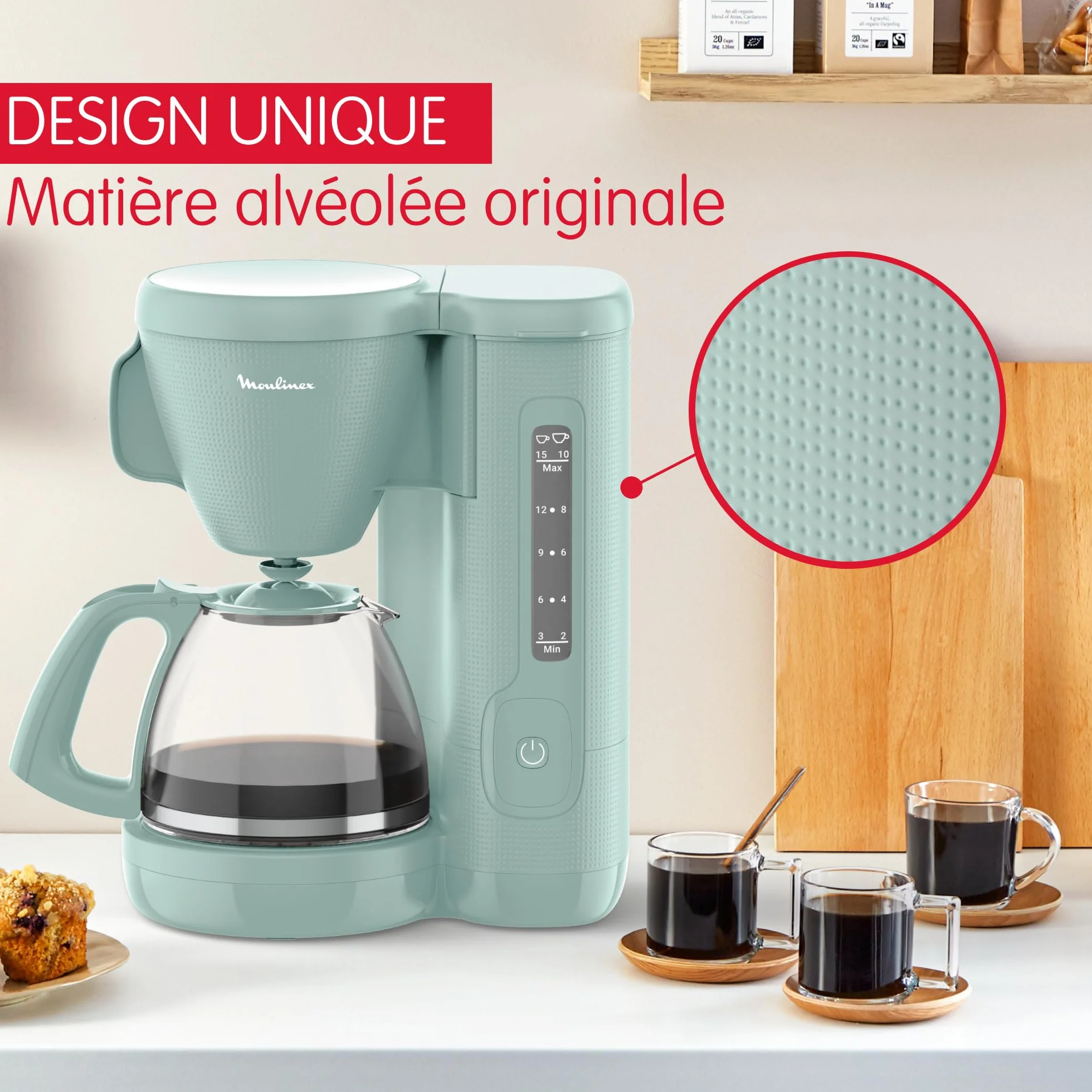 Moulinex Cafetière filtre 1.25L 10-15 tasses Porte-filtre pivotant Anti-gouttes Maintien chaud Eucalyptus FG2M1310