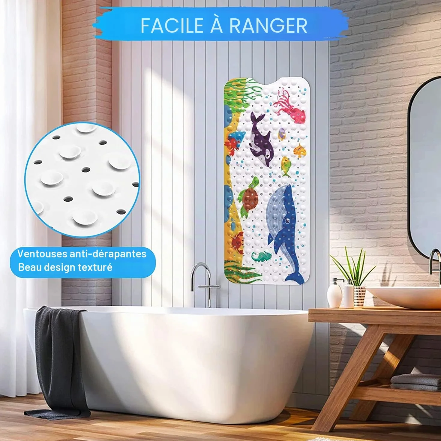 Tapis de Baignoire Antidérapant 100 x 40 cm avec Ventouse PVC Dessin Animé Animaux Marins Enfants