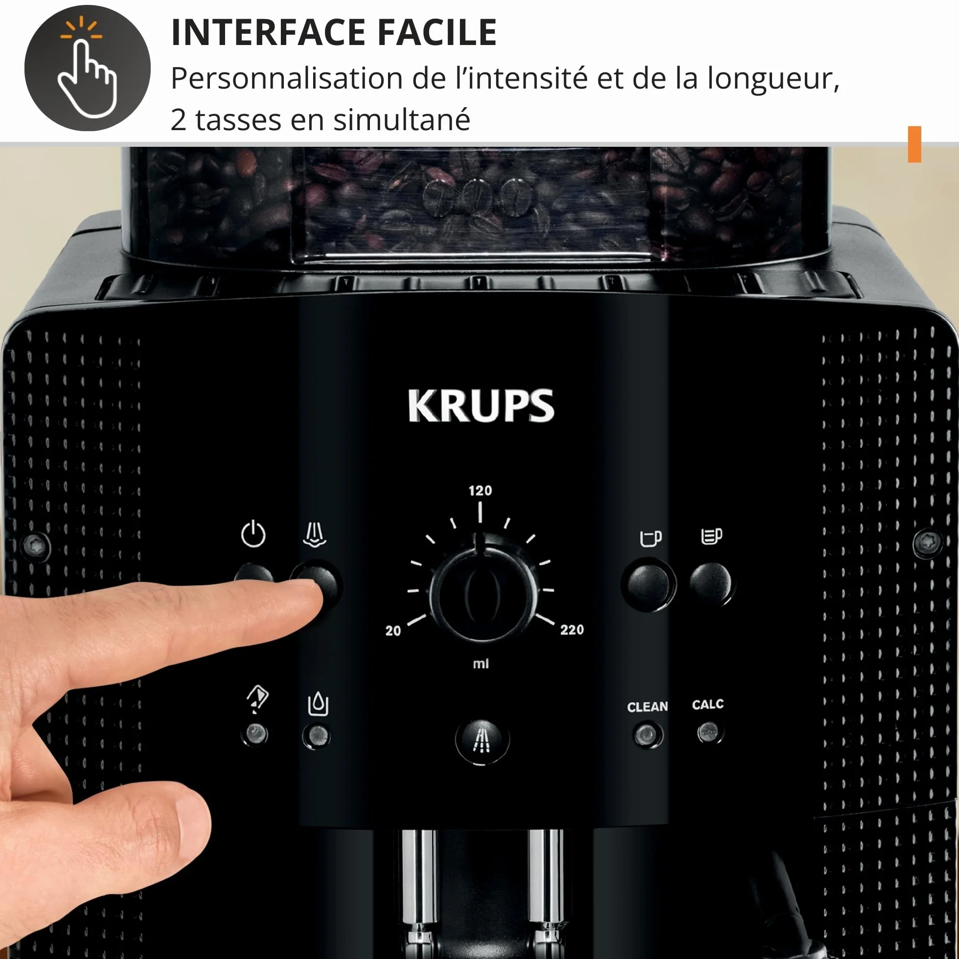 Krups Machine à café grain Essential noire YY8125FD, expresso 2 tasses, nettoyage automatique, buse vapeur cappuccino