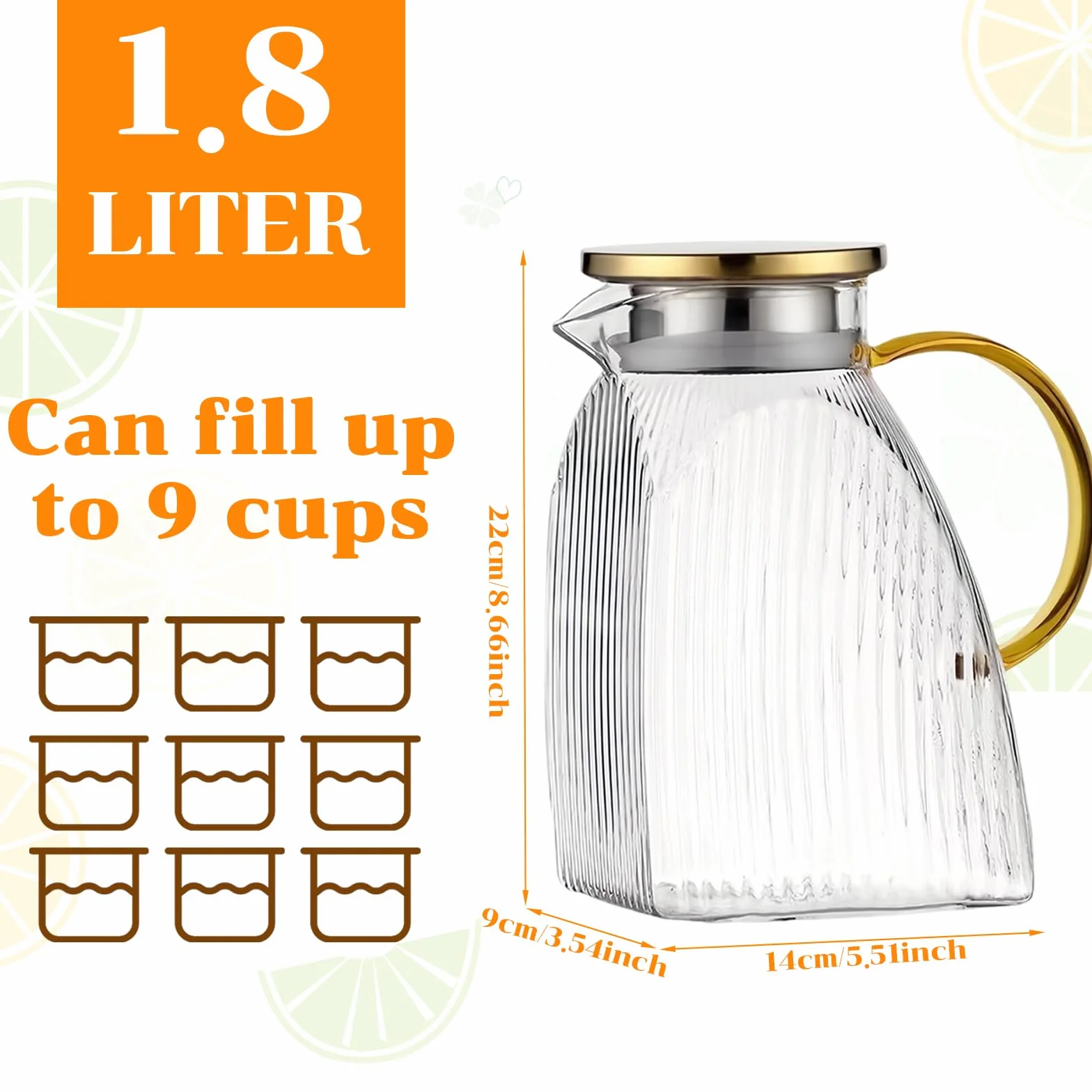 Pichet à Eau en Verre Borosilicate 1,8 L avec Couvercle et Anse, Carafe pour Boissons Chaudes & Froides