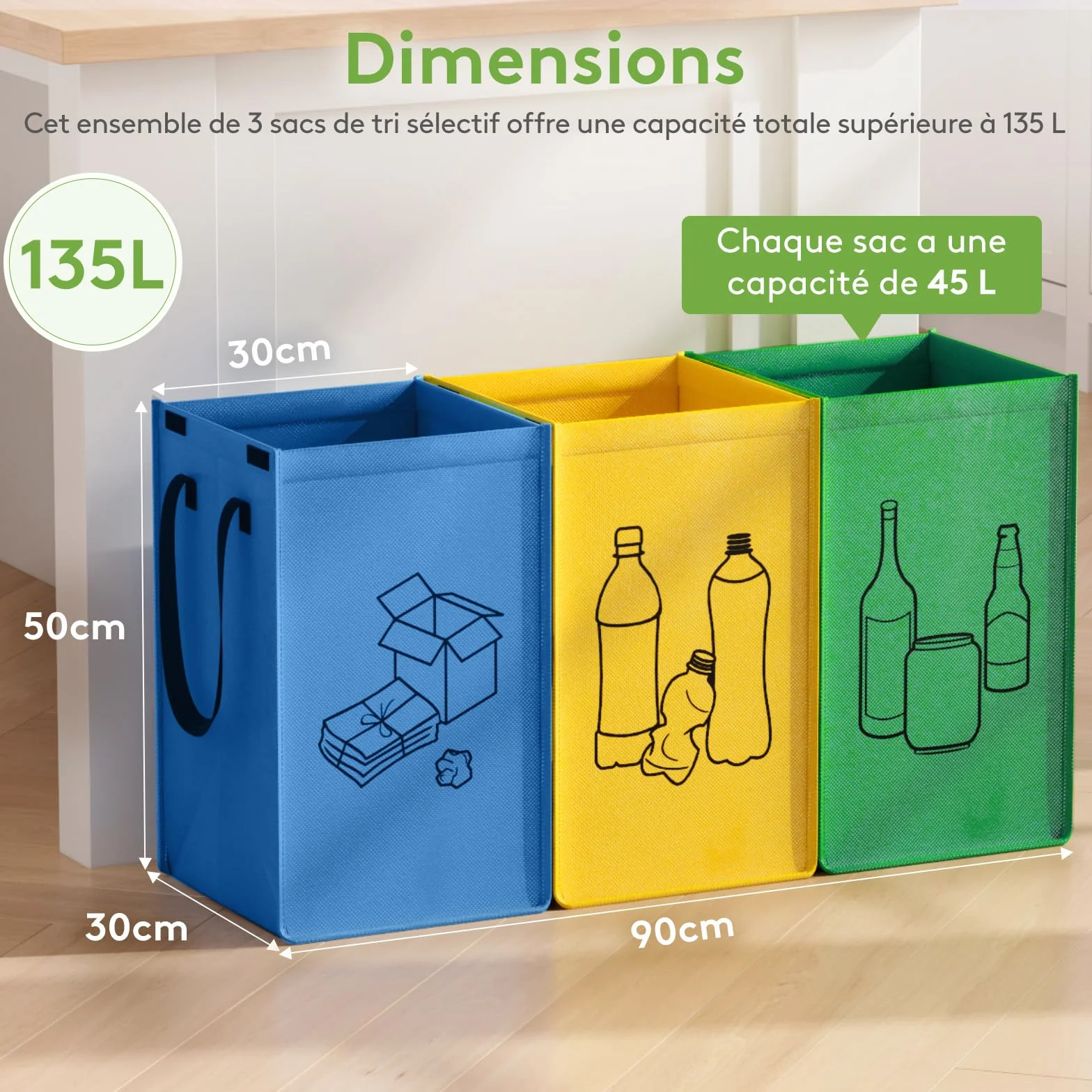 Lifewit Lot de 3 Sacs Tri Sélectif, Poubelles Recyclage 3 Couleurs, 45 L