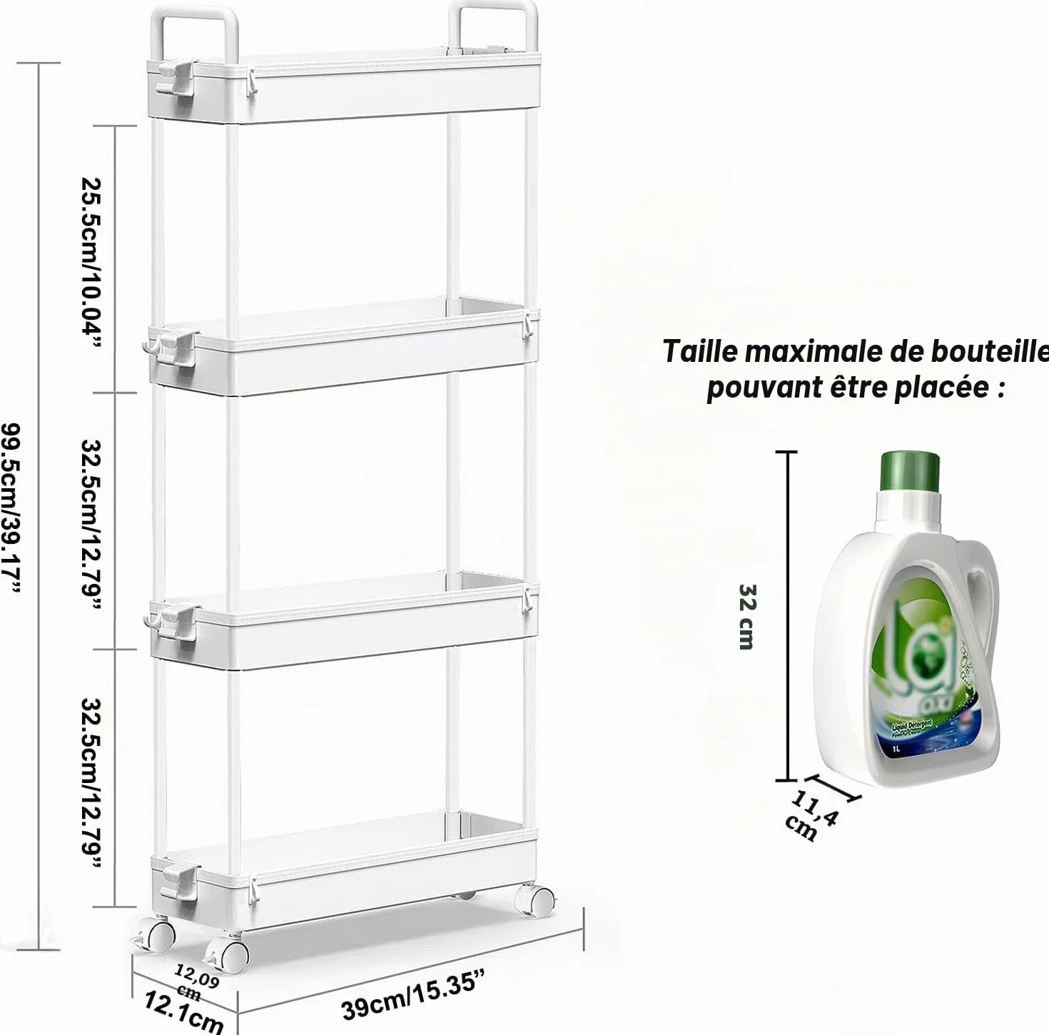 SOLEJAZZ Chariot de Rangement 4 étagères Coulissant Mobile Plastique Blanc