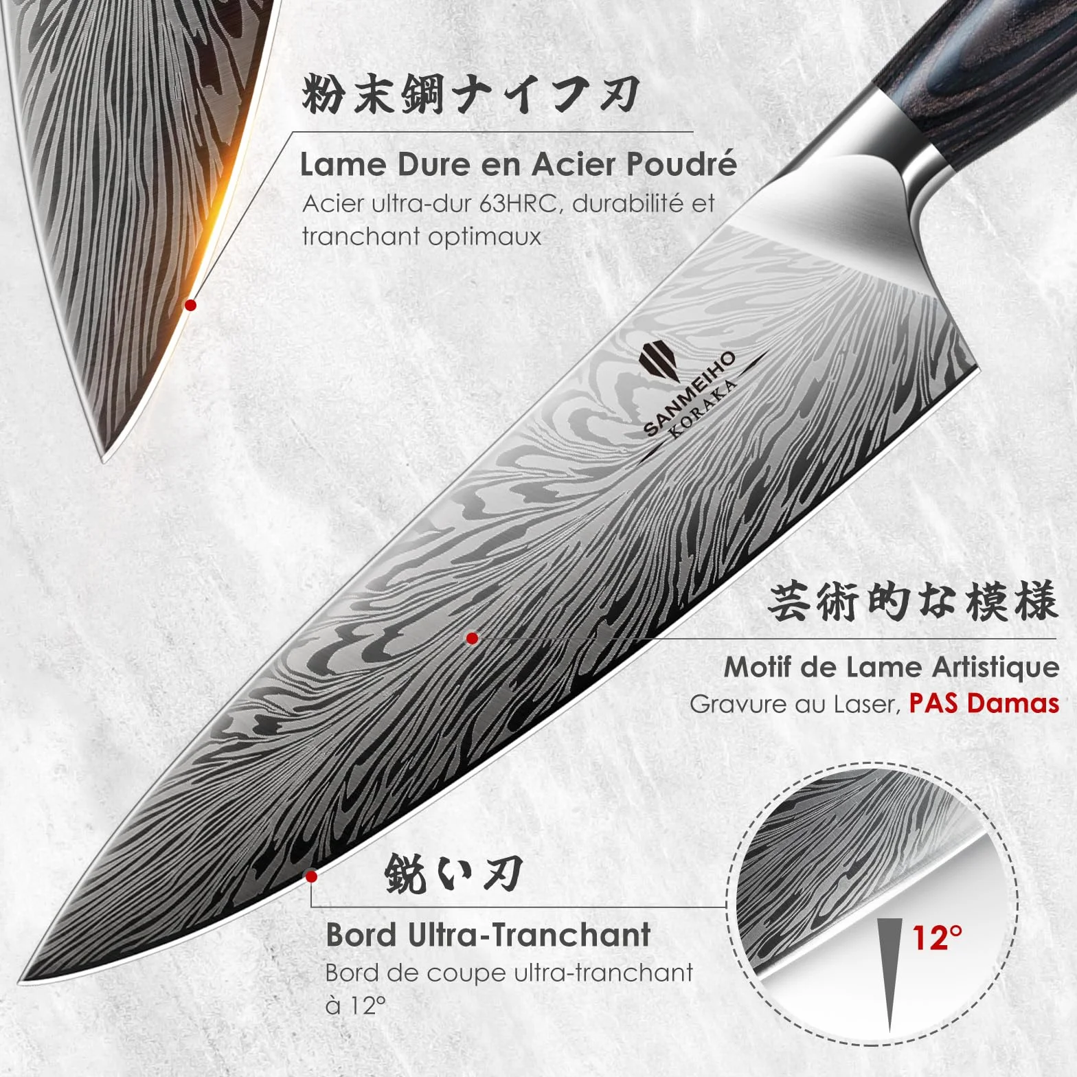 SANMEIHO Couteau de Chef Acier Poudré 20cm Japonais Lame Acier Haute Teneur en Carbone Manche Bois Pakka KORAKA