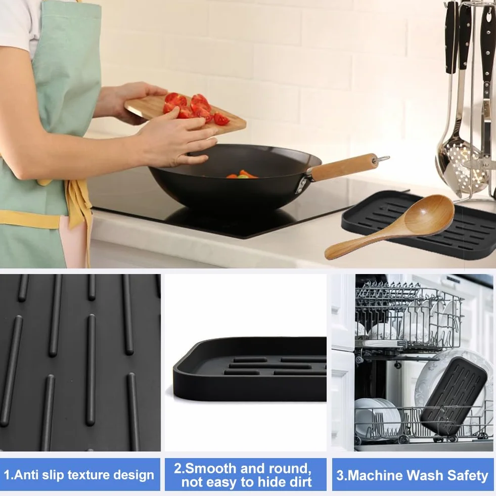 SwirlColor Repose Cuillère Cuisine Silicone Support Ustensiles Noir
