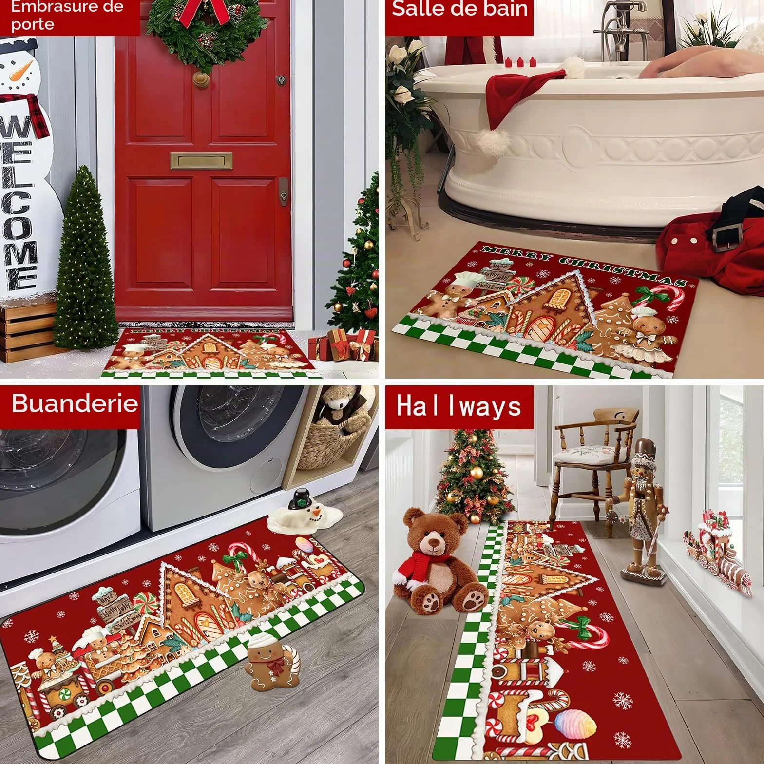 AIBIIN Tapis de cuisine Noël antidérapant caoutchouc bonhomme pain d'épices 40x60 40x120 cm 2 pièces