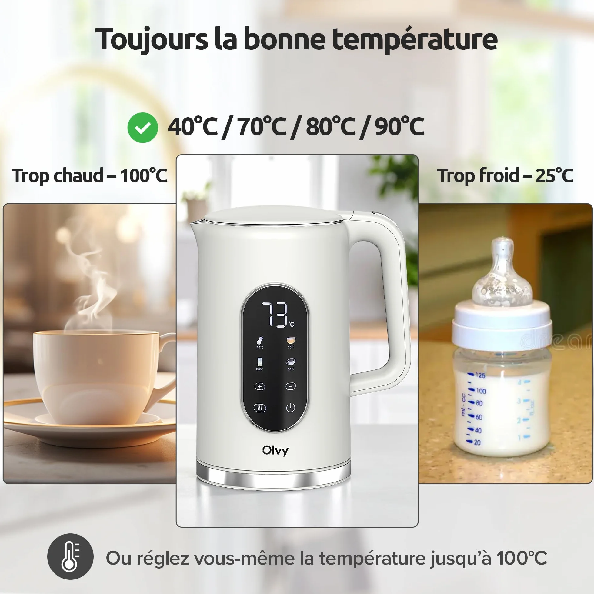 Olvy Bouilloire Électrique 1,7L Inox 2200W Double Paroi Maintien au Chaud