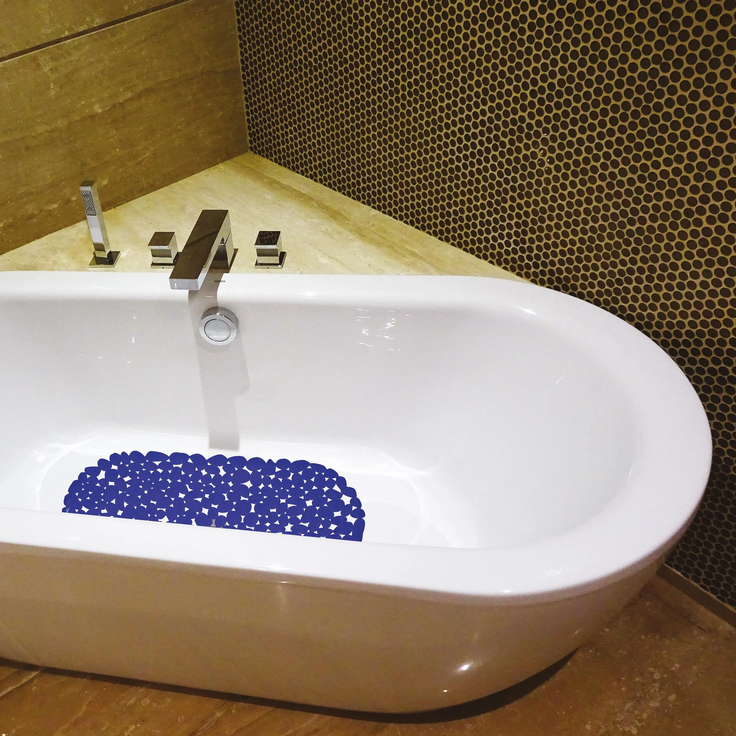 Tapis Fond de Baignoire PVC Galets 68 x 35 cm Bleu Foncé Antidérapant