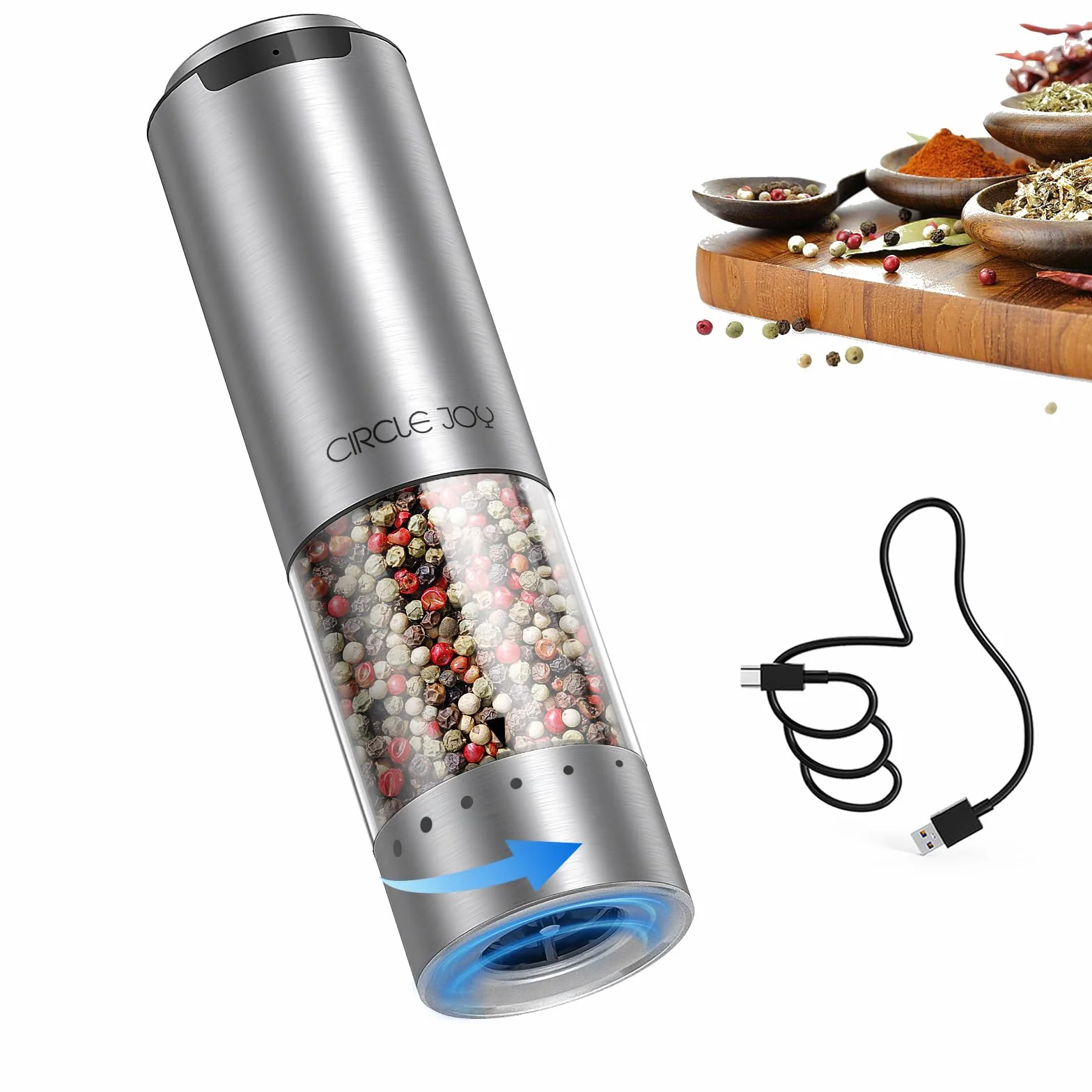 Moulin à Poivre Électrique en Acier Inoxydable Rechargeable 95ml avec Lumière LED Blanche