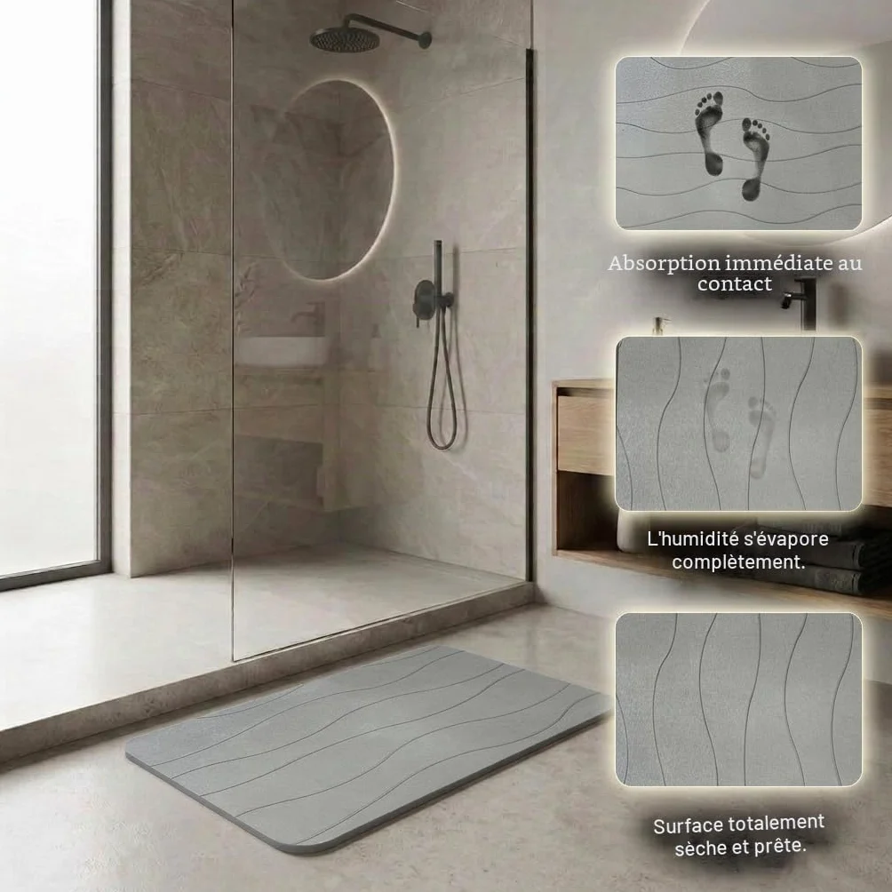 Tapis de Bain Diatomite 40x60 cm, Séchage Rapide, Antidérapant, Anti-Moisissure, Gris Clair