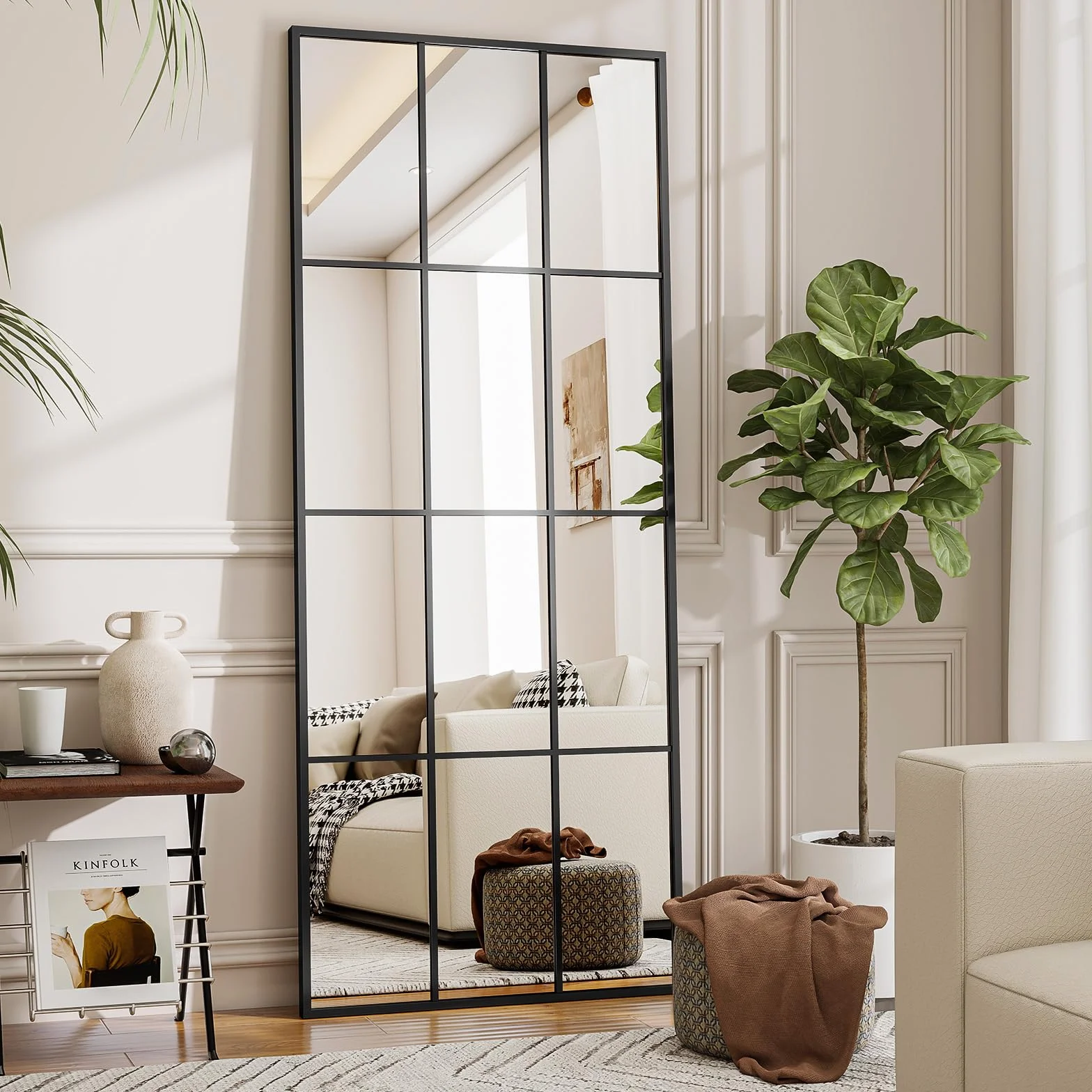 Koonmi Miroir Fenêtre 60 x 165 cm Rectangulaire Grille Décorative Corps Plein Cadre Métal Suspendu Entrée Salon Noir