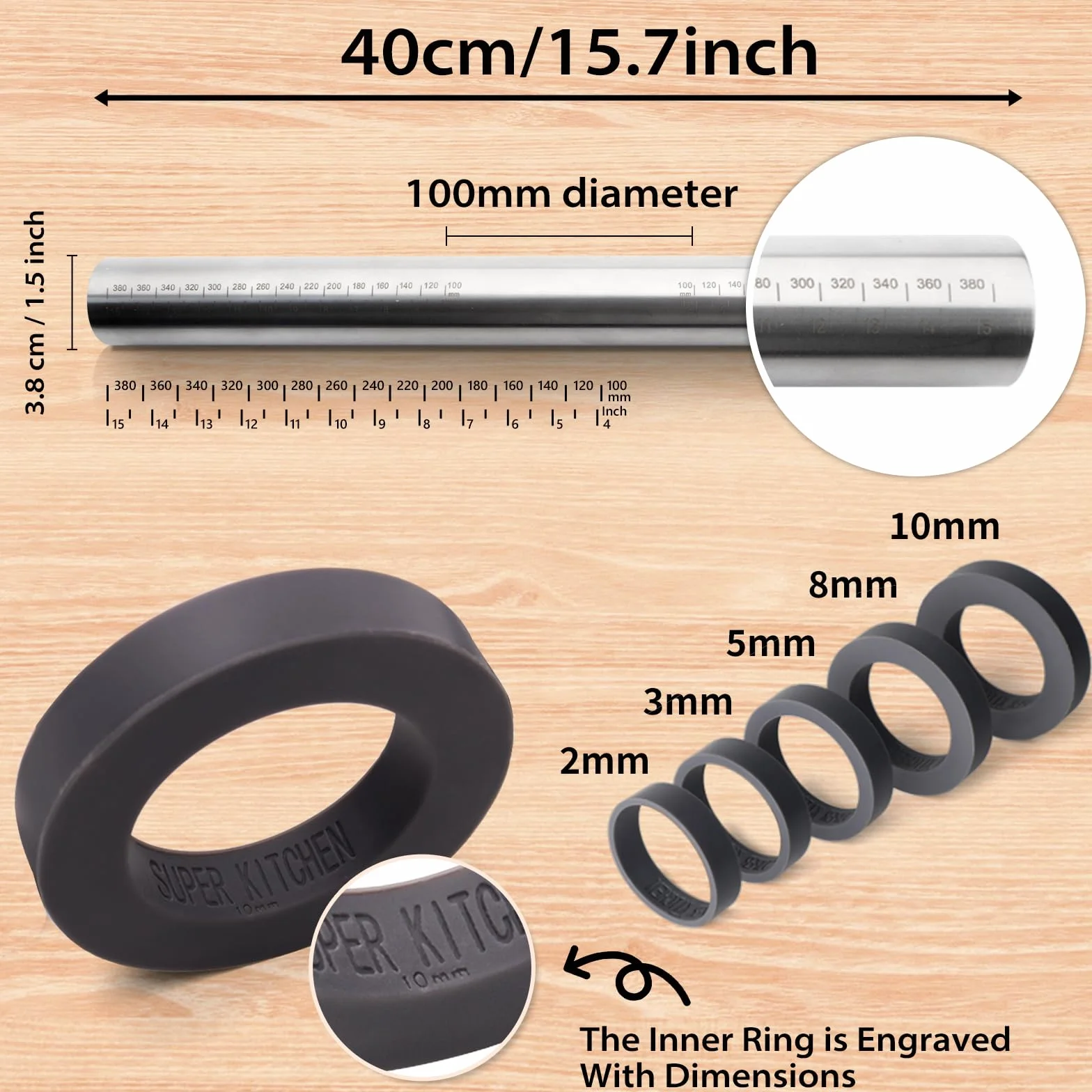 Rouleau à Pâtisserie Antiadhésif Ajustable en Acier Inoxydable 40cm, avec Anneaux Amovibles 5 Tailles