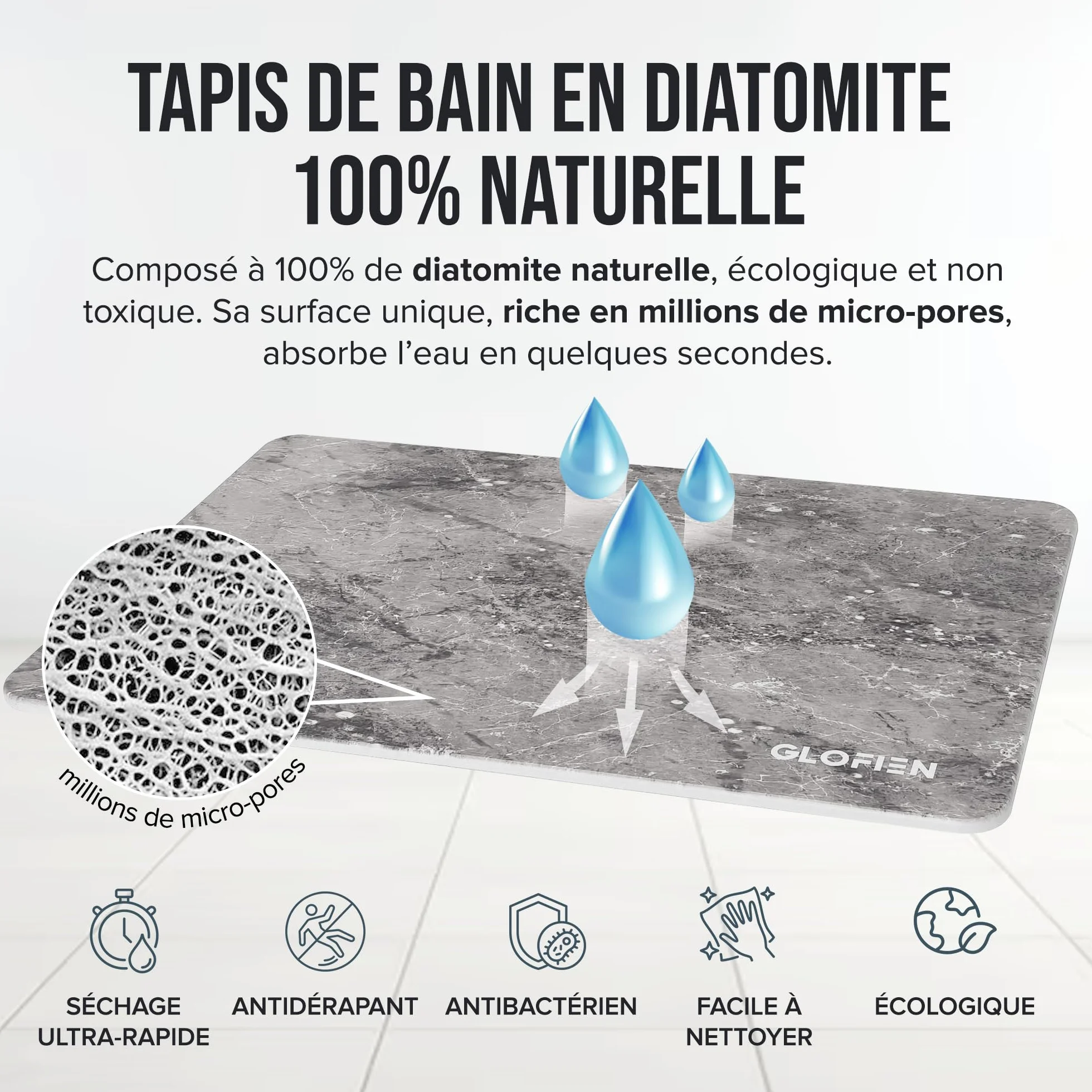 Tapis de Bain Diatomite 60x40 cm Antidérapant Ultra Absorbant Séchage Rapide