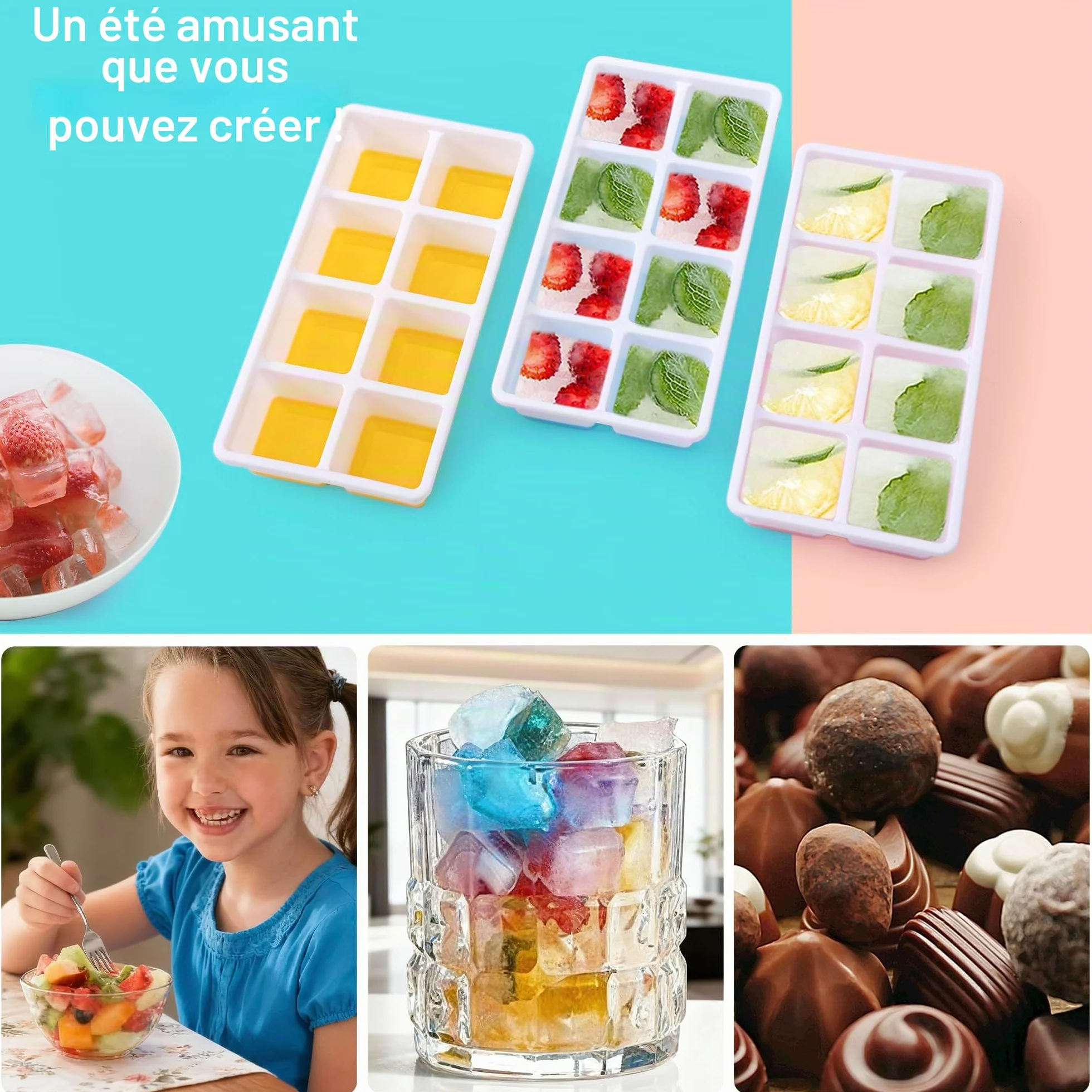 Moules à Glaçons en Silicone avec Couvercle, 3 Pack, Empilable, Forme Sûre pour Cocktail, Whisky, Café (Rose+Jaune)