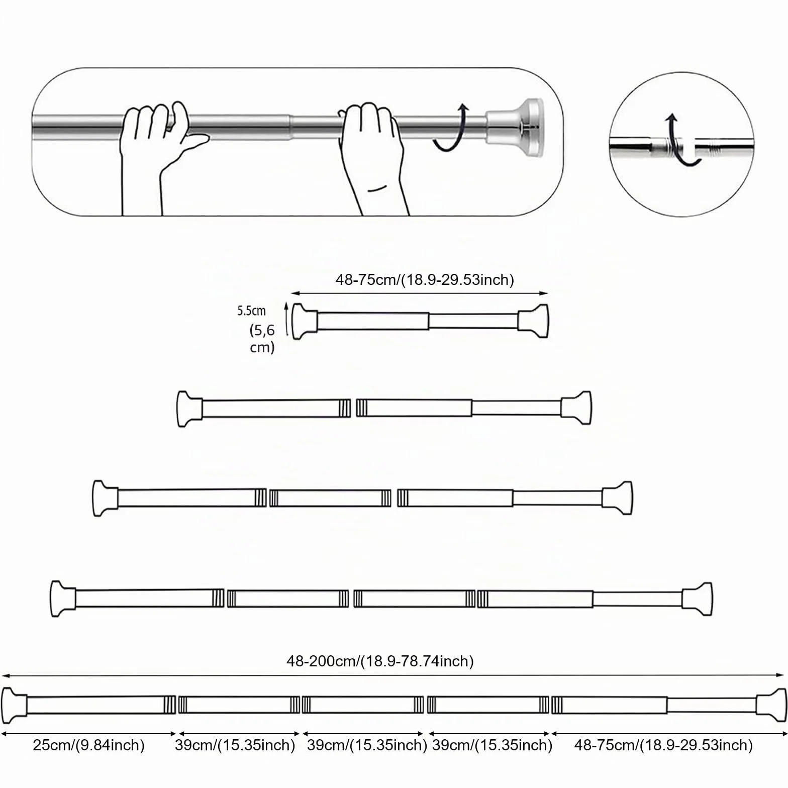 Barre Rideau Douche Sans Percage Extensible 48-200cm Inoxydable 304 Argenté Antidérapant