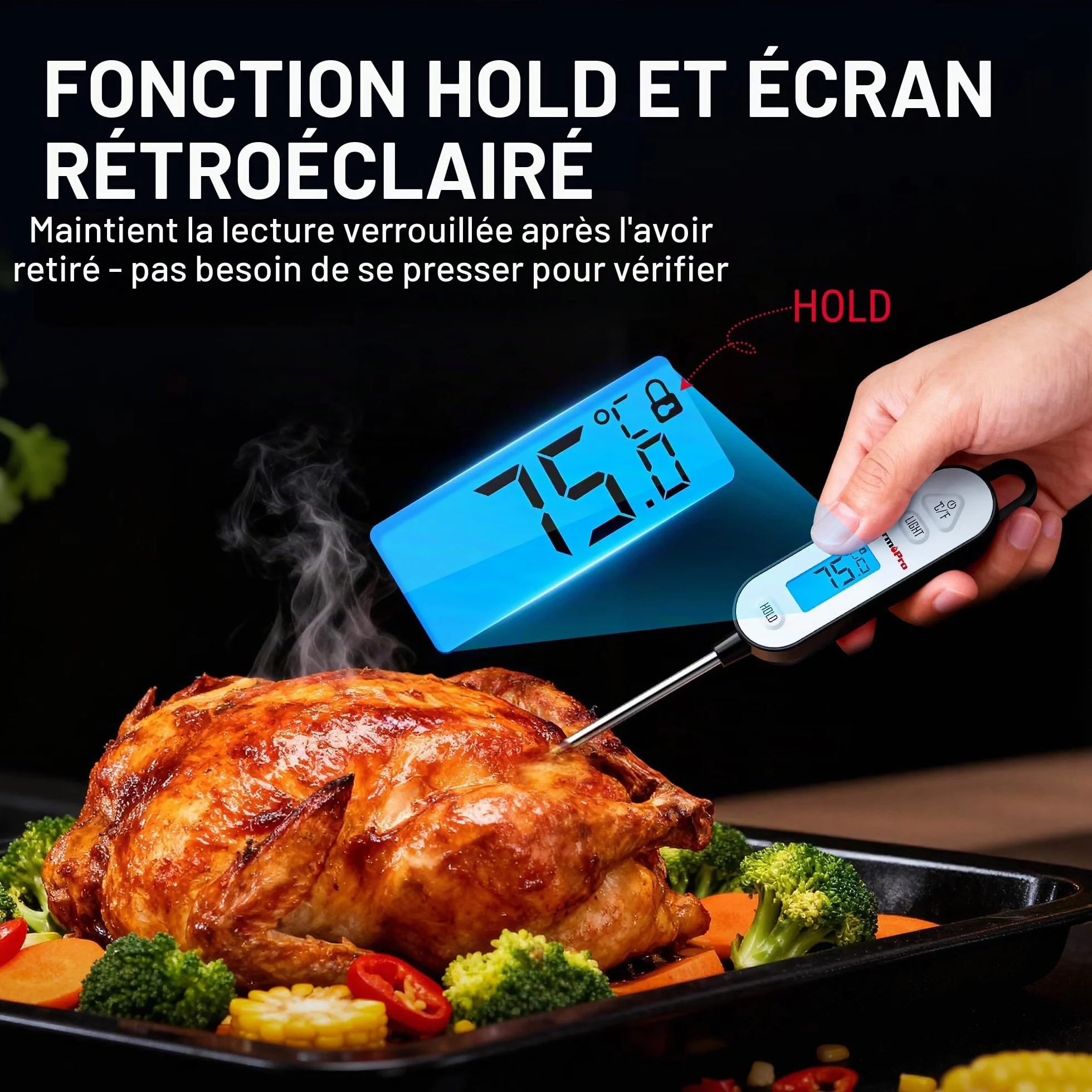 ThermoPro Thermomètre à viande numérique avec sonde pliable - Thermomètre de cuisson pour fumoir, barbecue