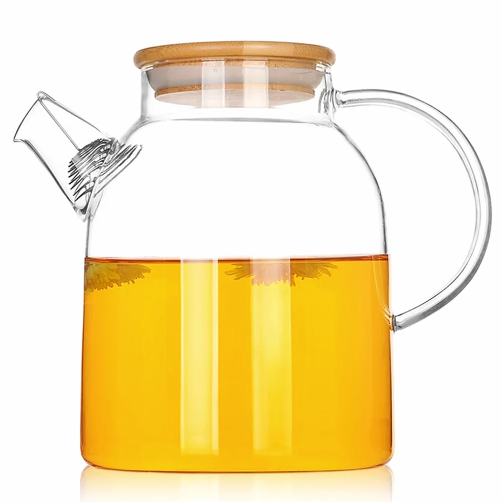 Théière en Verre Transparente 1500ML avec Filtre en Bambou et Acier Inoxydable