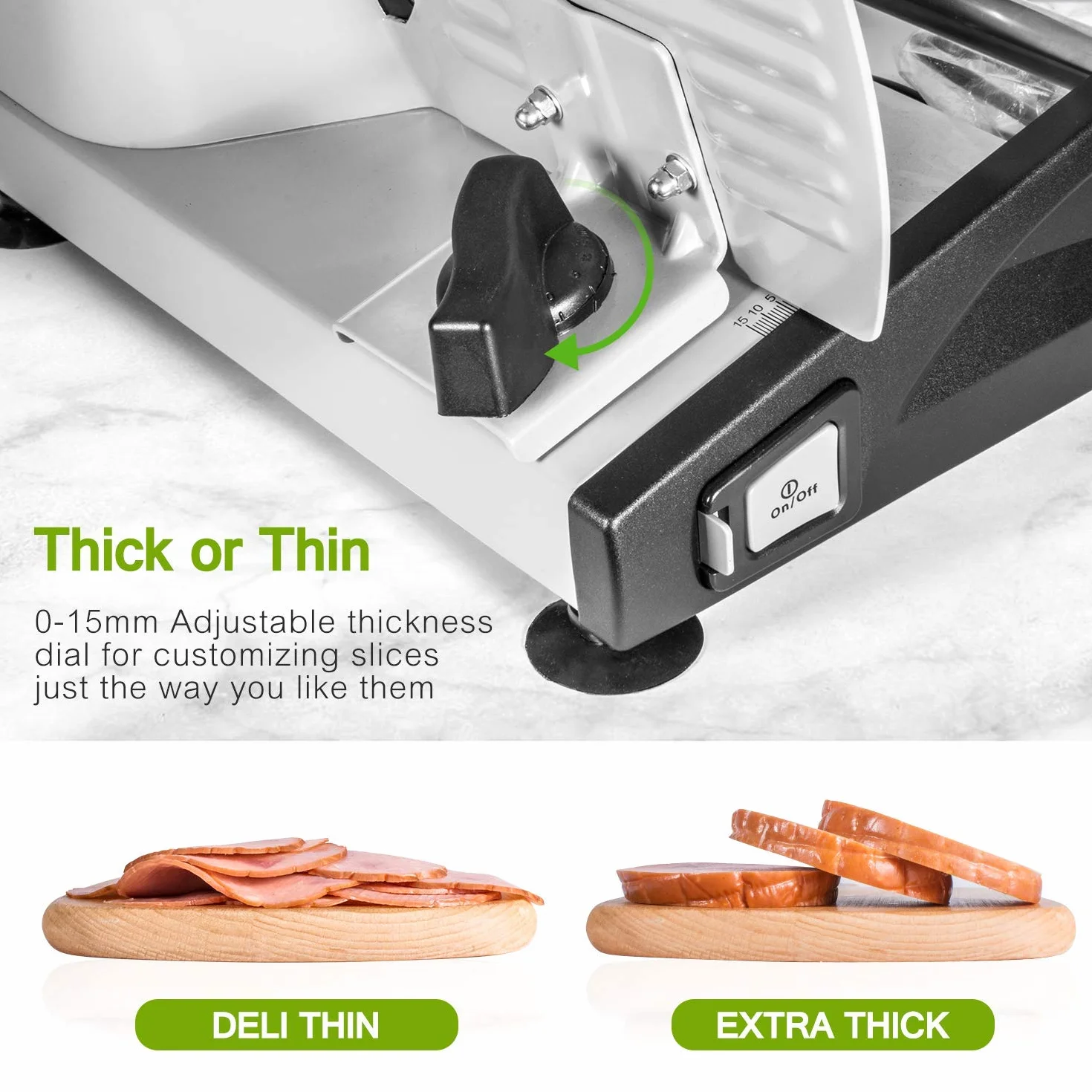 Trancheuse Électrique 150W Lame Acier Inoxydable 0-15mm Jambon Saucisson Pain Viande
