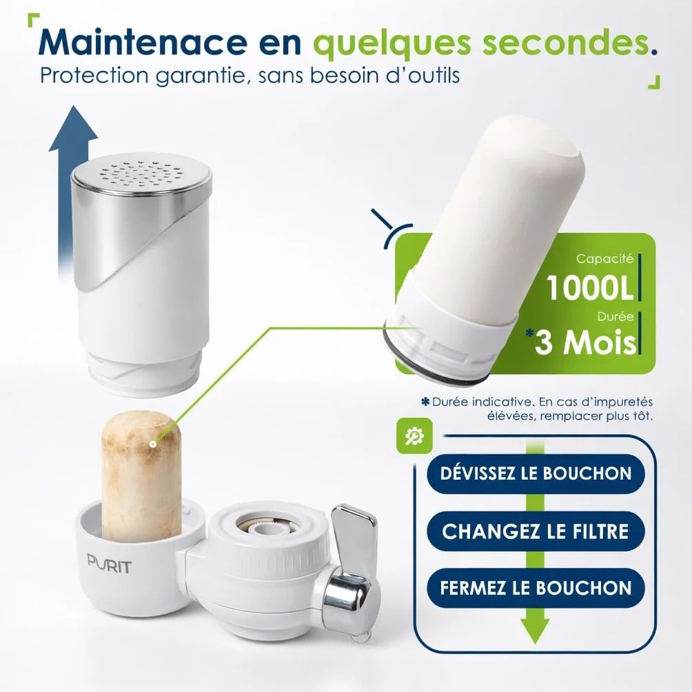 PURIT Filtre à eau robinet cuisine cartouche céramique diatomée charbon actif 1000 L