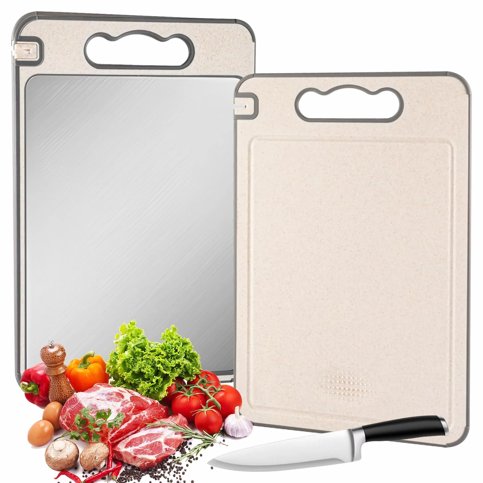 Planche à Découper Inox Double Face Silicone Antidérapante pour Cuisine Viande Poisson Fruits Légumes