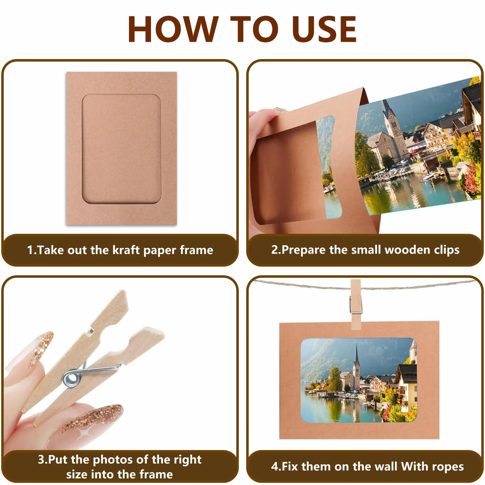 Cadres Photo en Papier 10x15 cm, Guirlande Photo 40 Pinces Bois + 4 Cordon Jute, Lignes à Photos DIY Anniversaire Mariage
