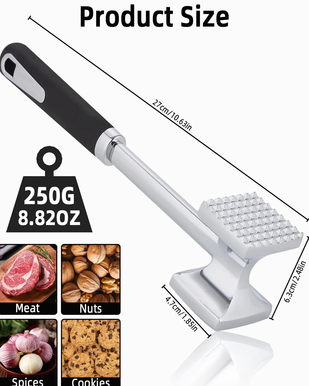 Attendrisseur de Viande en INOX 27 cm Marteau à Steak Double Face avec Manche Antidérapant