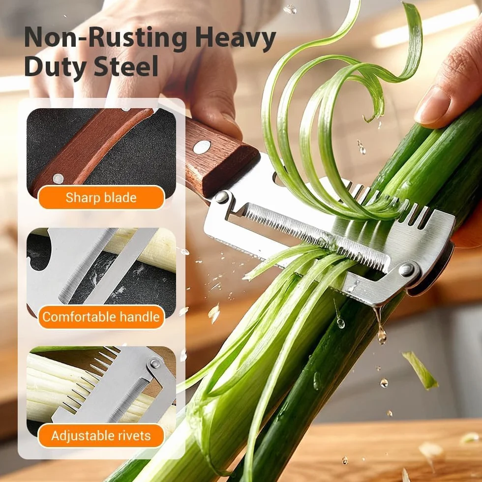 Éplucheur 3-en-1 Acier Inoxydable Manche en Bois – Coupe-Légumes Julienne et Décapsuleur, Économe Ergonomique (2 PCS)