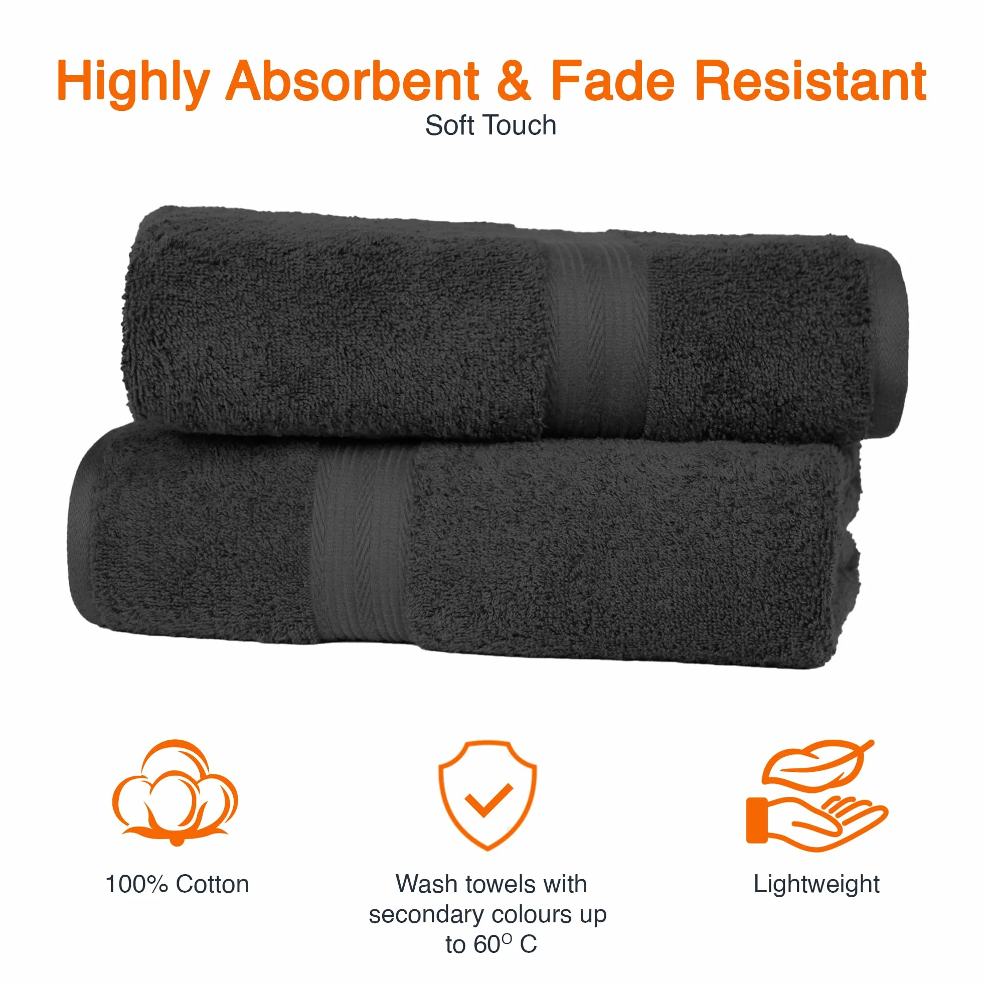 Amazon Basics Drap de Bain Grande Taille 100% Coton Anti-décoloration 70 x 140 cm Noir Lot de 2