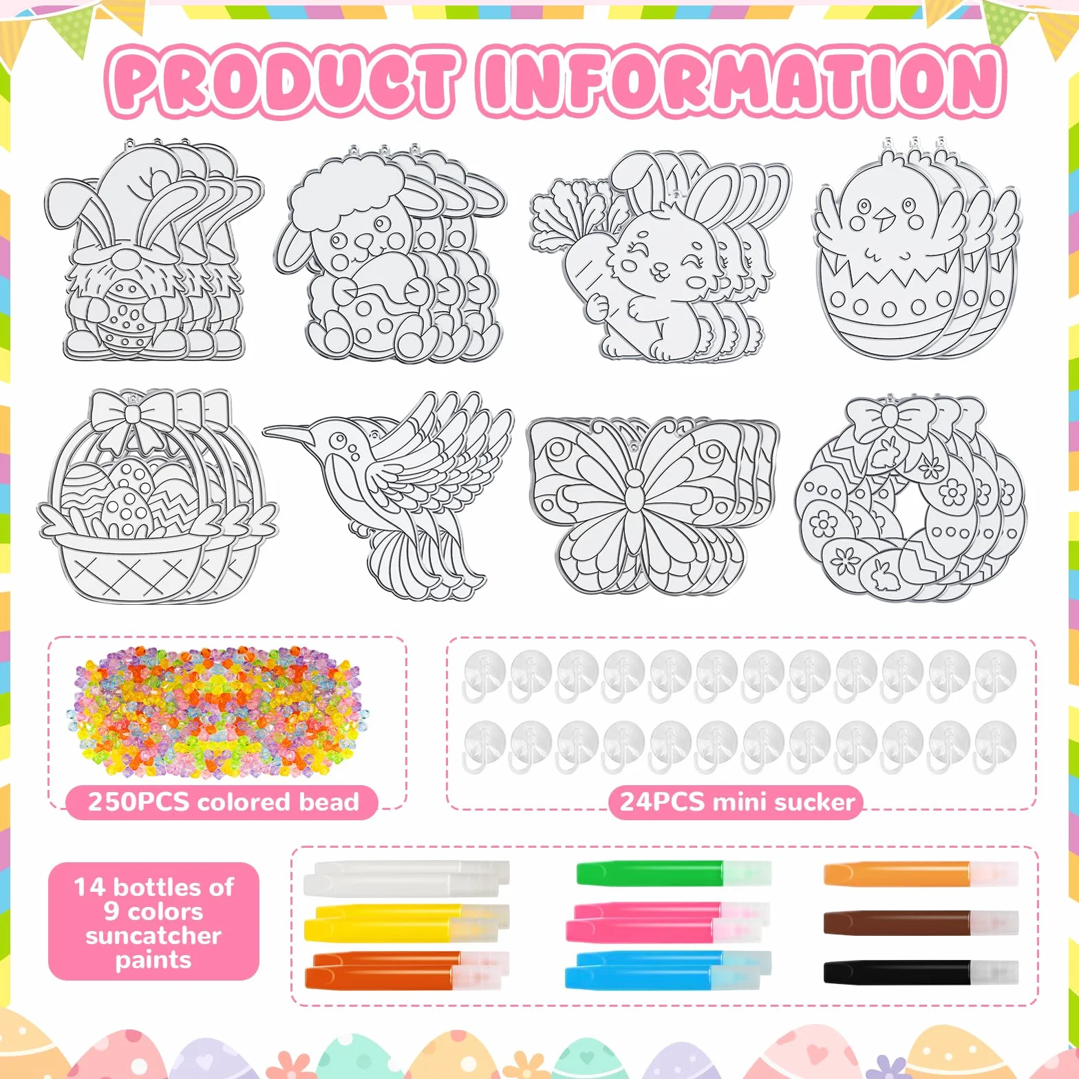 Kit de 24 Décorations Pâques à Suspendre, œufs Lapin Poulet Papillon Oiseaux à Peindre, Attrape-soleil Pendentif Fenêtre