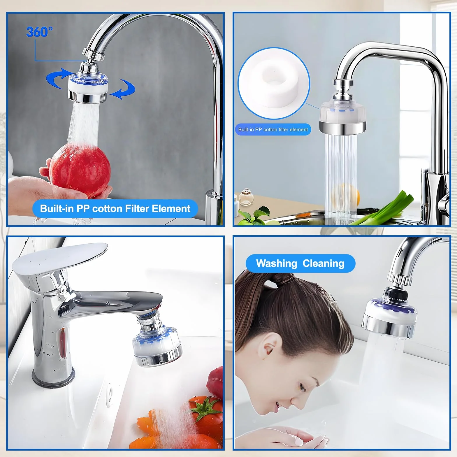Filtre à eau Robinet Anti Calcaire avec 6 éléments Filtrants en coton PP, Tête de Pulvérisateur Rotatif 360°