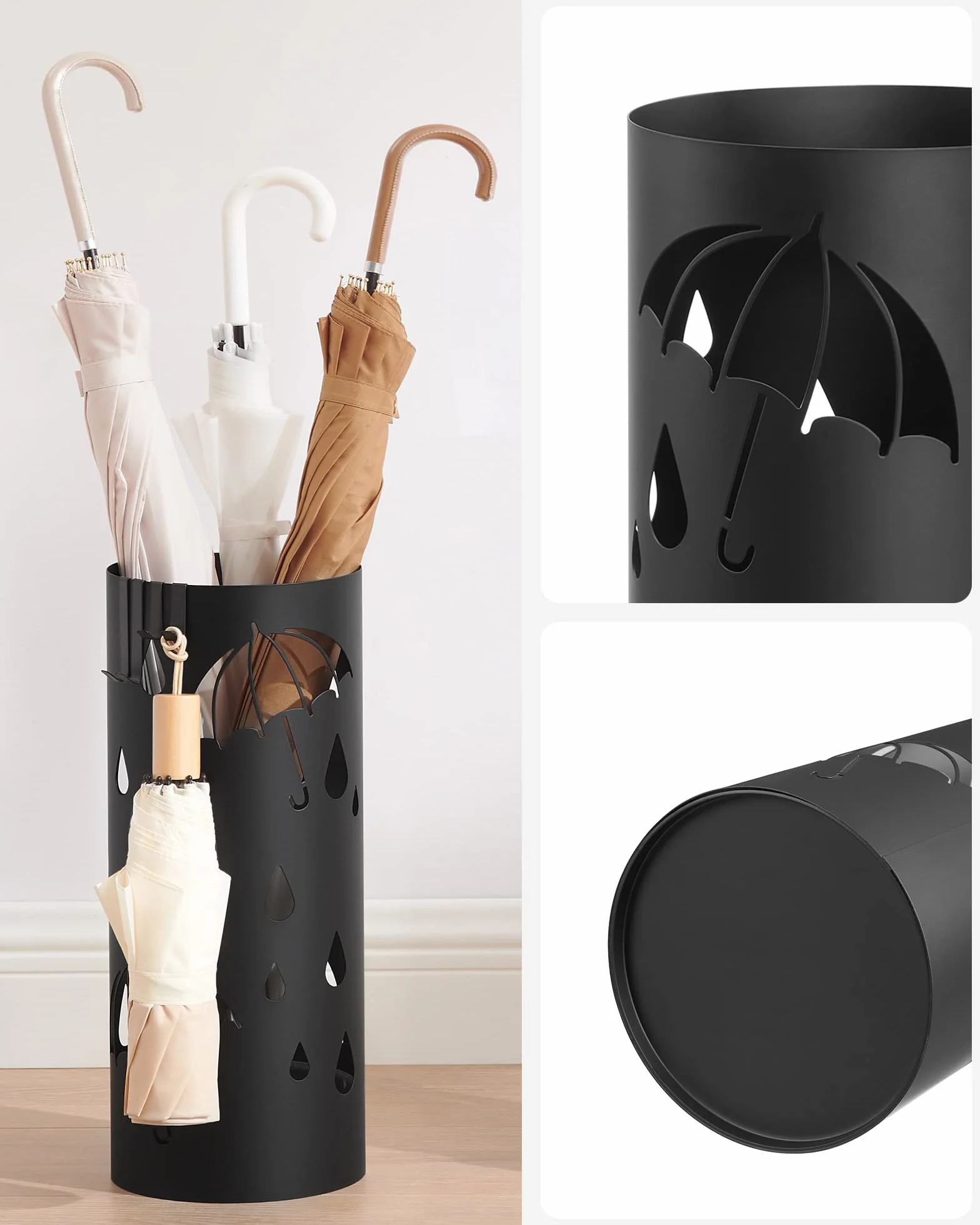 SONGMICS Porte-parapluie Design Métal 4 Crochets Bac Récupération Eau Amovible 17 x 41 cm Noir