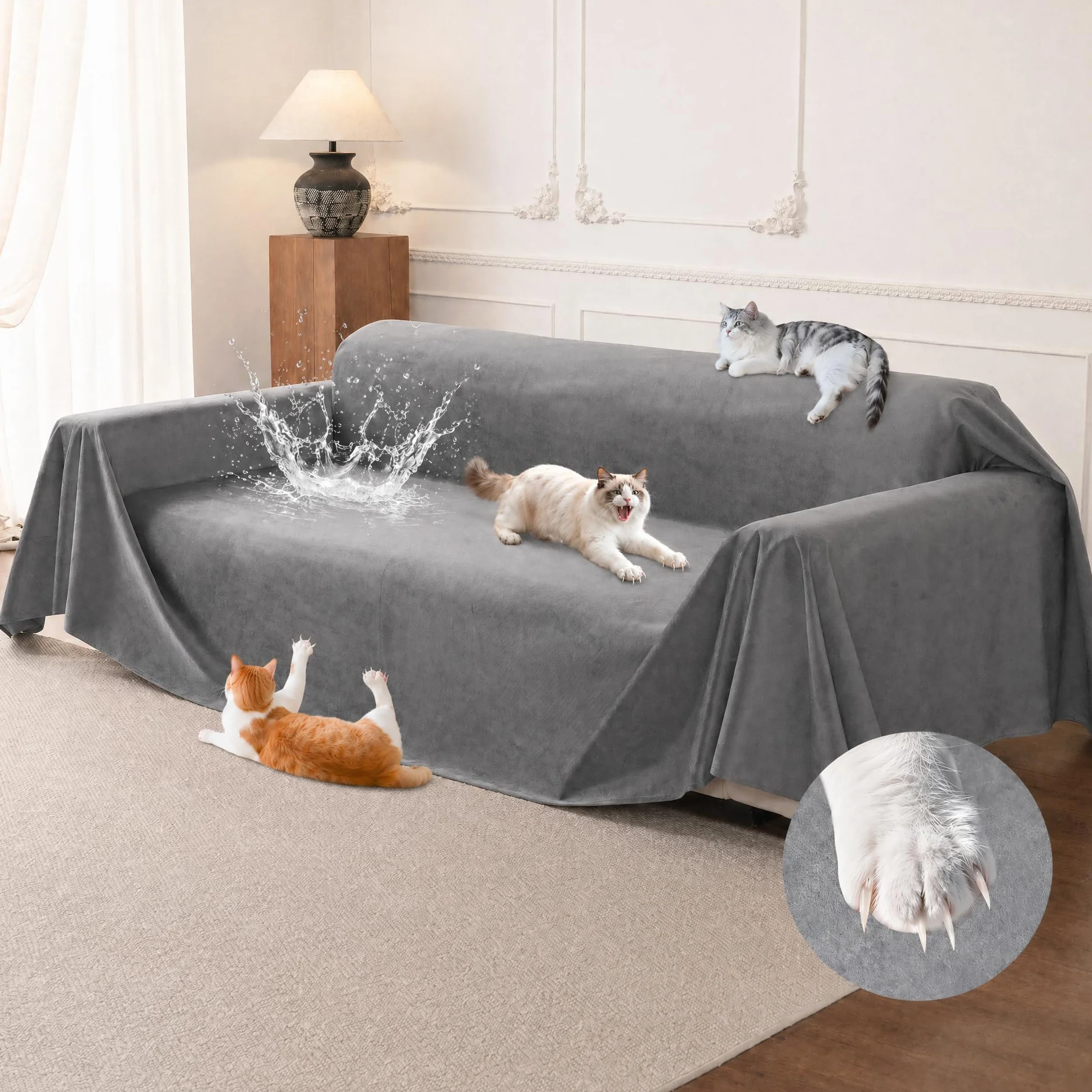 Loiion Protection Canapé Chat Anti Griffe Couvre Canapé 3 Place Impermeable Antidérapante Gris 340x180cm