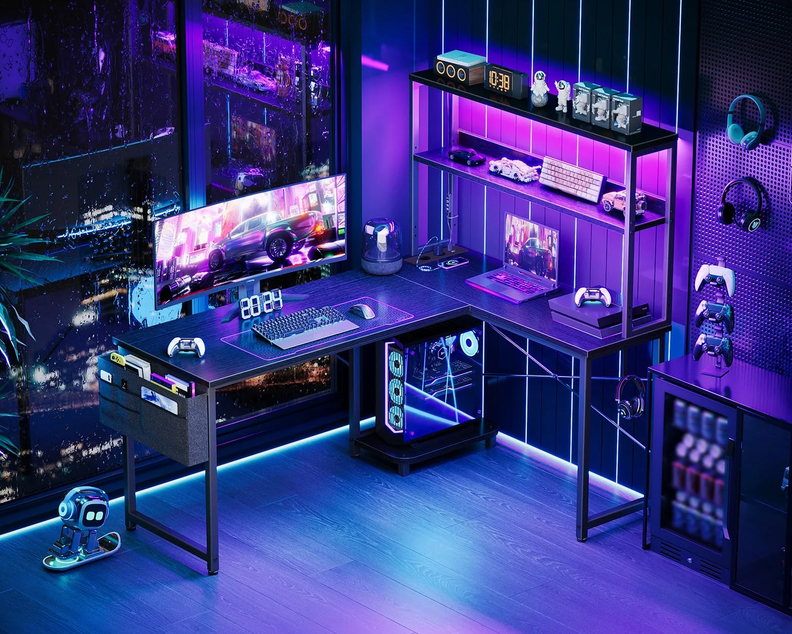 Coleshome Bureau Gaming Angle LED Prises 135x100 cm Réversible Étagères Table en L Sac Rangement Crochet Noir