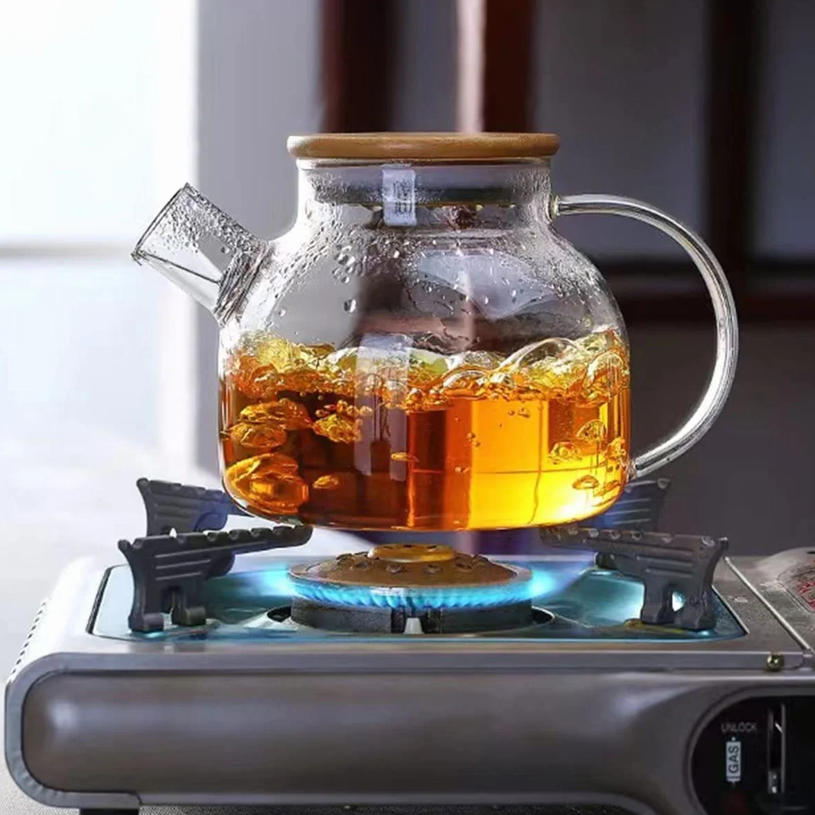 Théière en verre borosilicate 1,6 L avec filtre métal et couvercle bambou