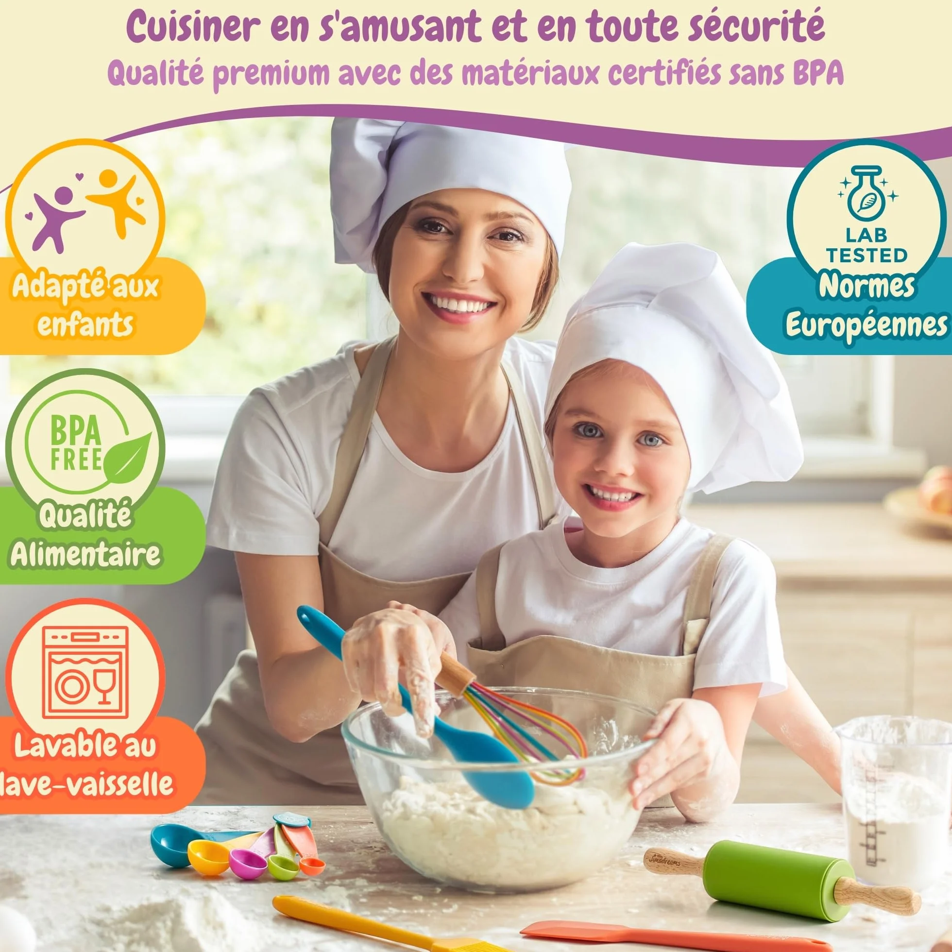 Kit Cuisine Enfant Montessori avec Couteaux Sécurisés - Vrais Ustensiles sans BPA, Set Couteau et Planche à découper, Coffret Cadeau Petit Chef 3 Ans