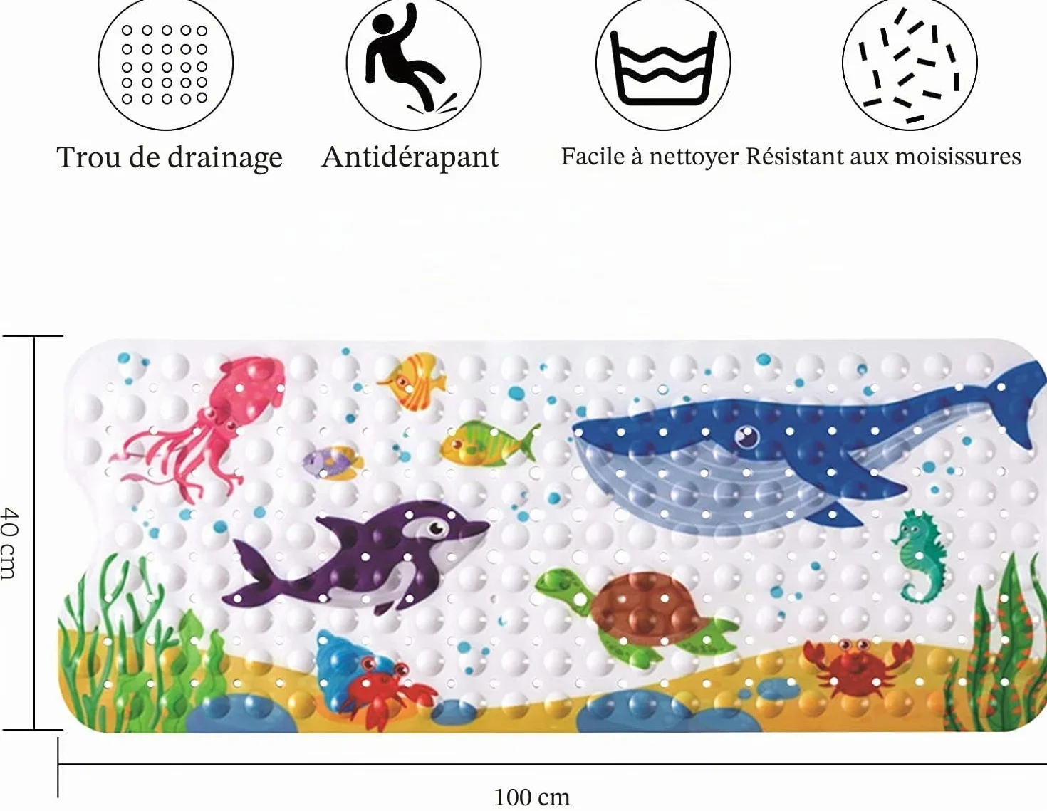 Tapis de Baignoire Antidérapant 100 x 40 cm avec Ventouse PVC Dessin Animé Animaux Marins Enfants