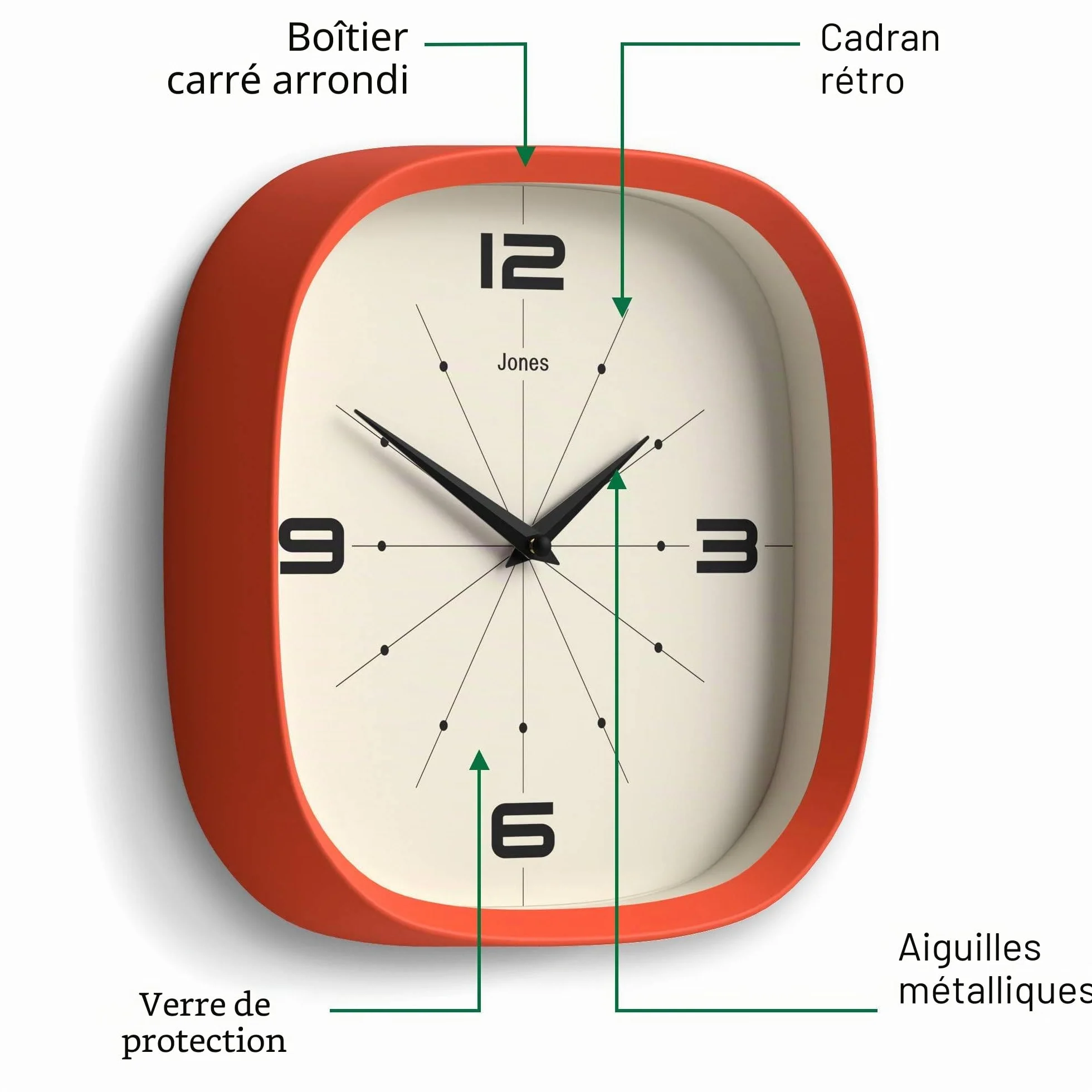 JONES CLOCKS Pulsar Horloge Murale 25cm Orange Rétro Carrée Arrondie