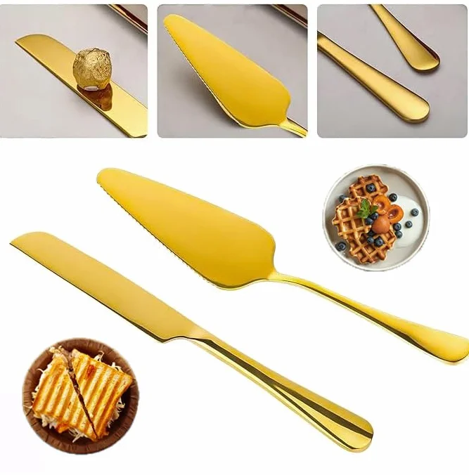 Ensemble de couverts à gâteau en acier inoxydable, couteau et spatule, doré (2 pièces)