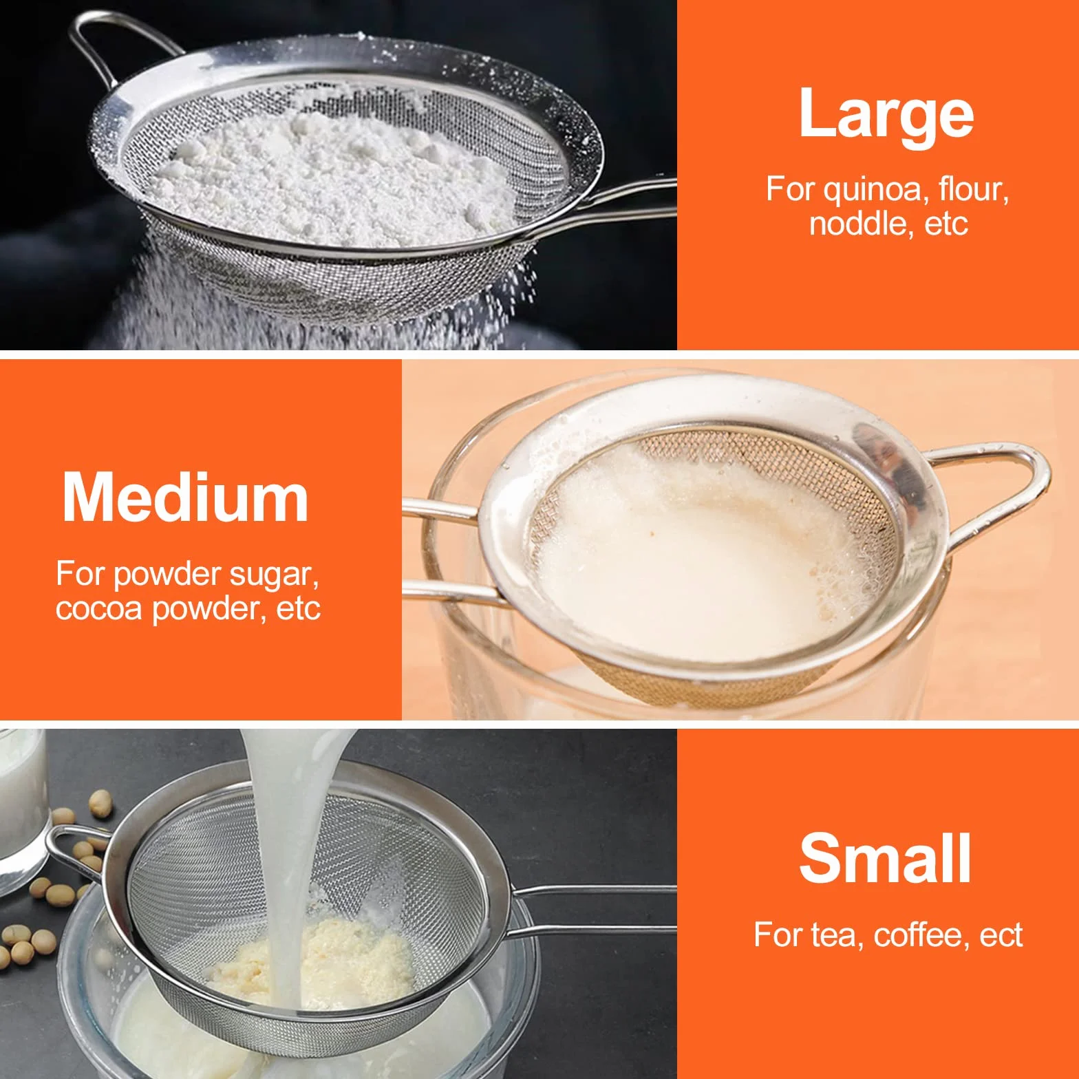 Relota Passoire Inox 19/25/35 cm Tamis Cuisine Maille Fine Filtre Égoutter Poudre Pâtisserie