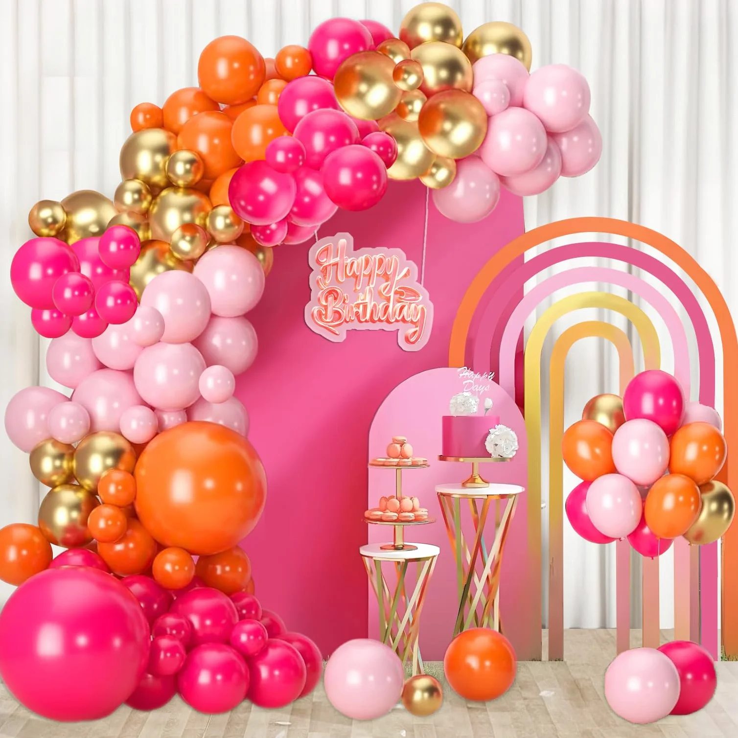 Ballons Rose Orange 60 Pièces Anniversaire Fille Latex Hélium Métallique Or Confettis Décoration Fête