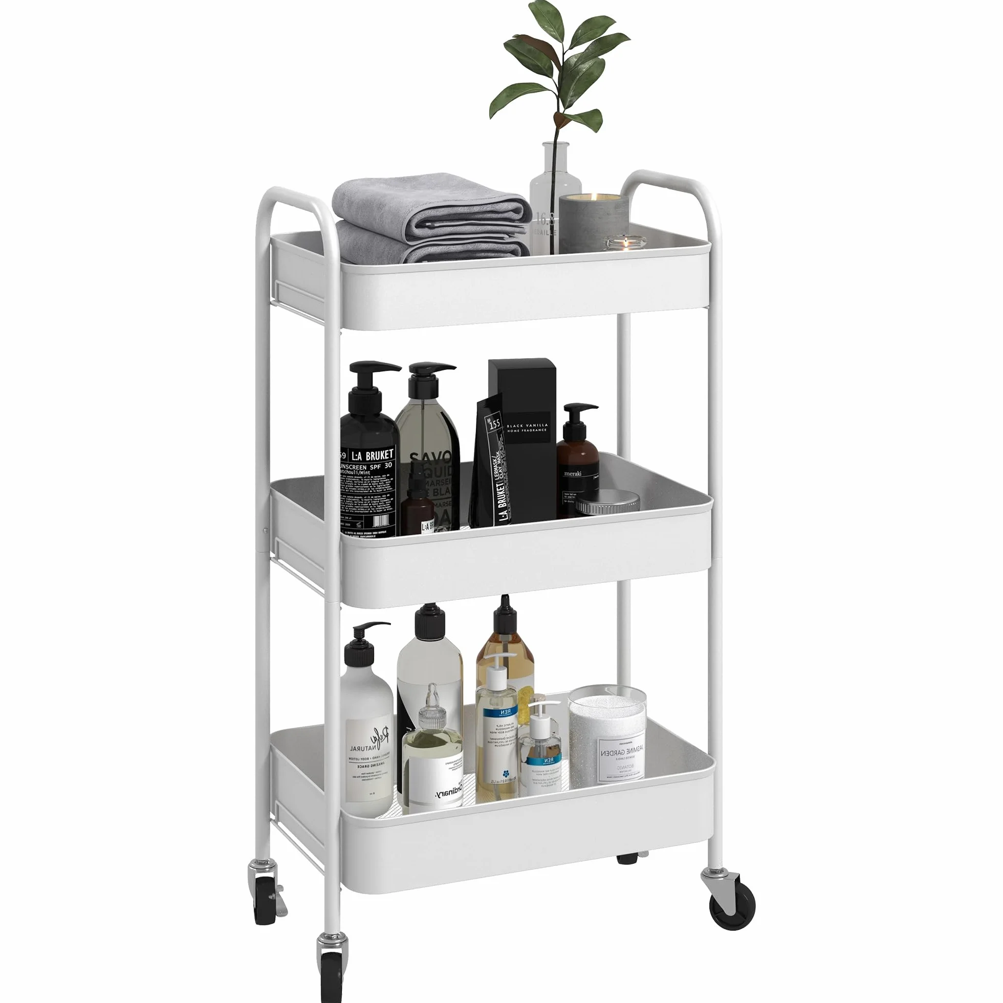 HOMCOM Chariot de Rangement en Acier 3 Niveaux Plateaux ajourés 45 x 30,6 x 79 cm Blanc