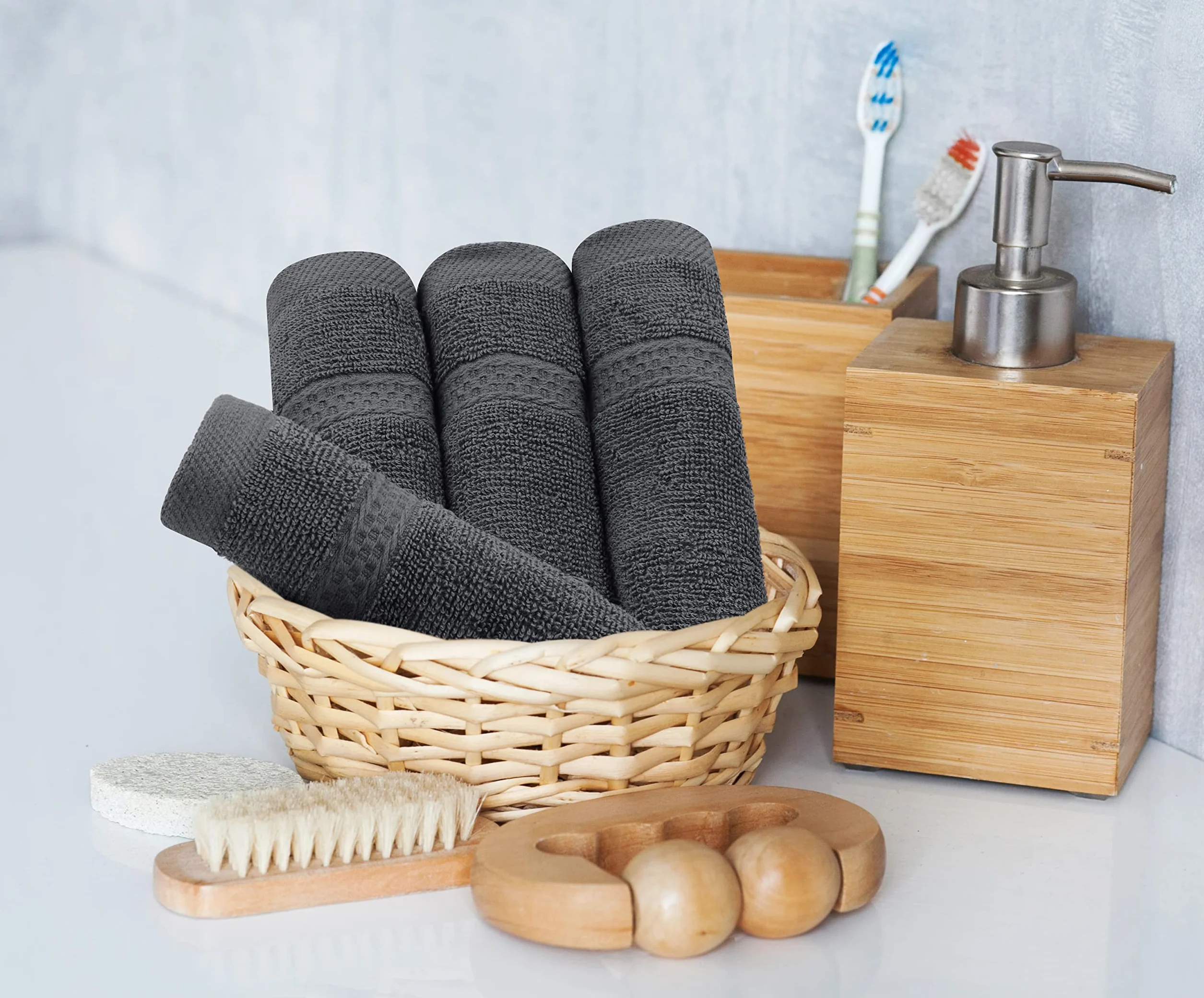 Lot de 8 Serviettes en Coton avec Crochet de Suspension - 2 Serviettes de Bain, 2 Serviettes et 4 Serviettes de Toilette - Gris